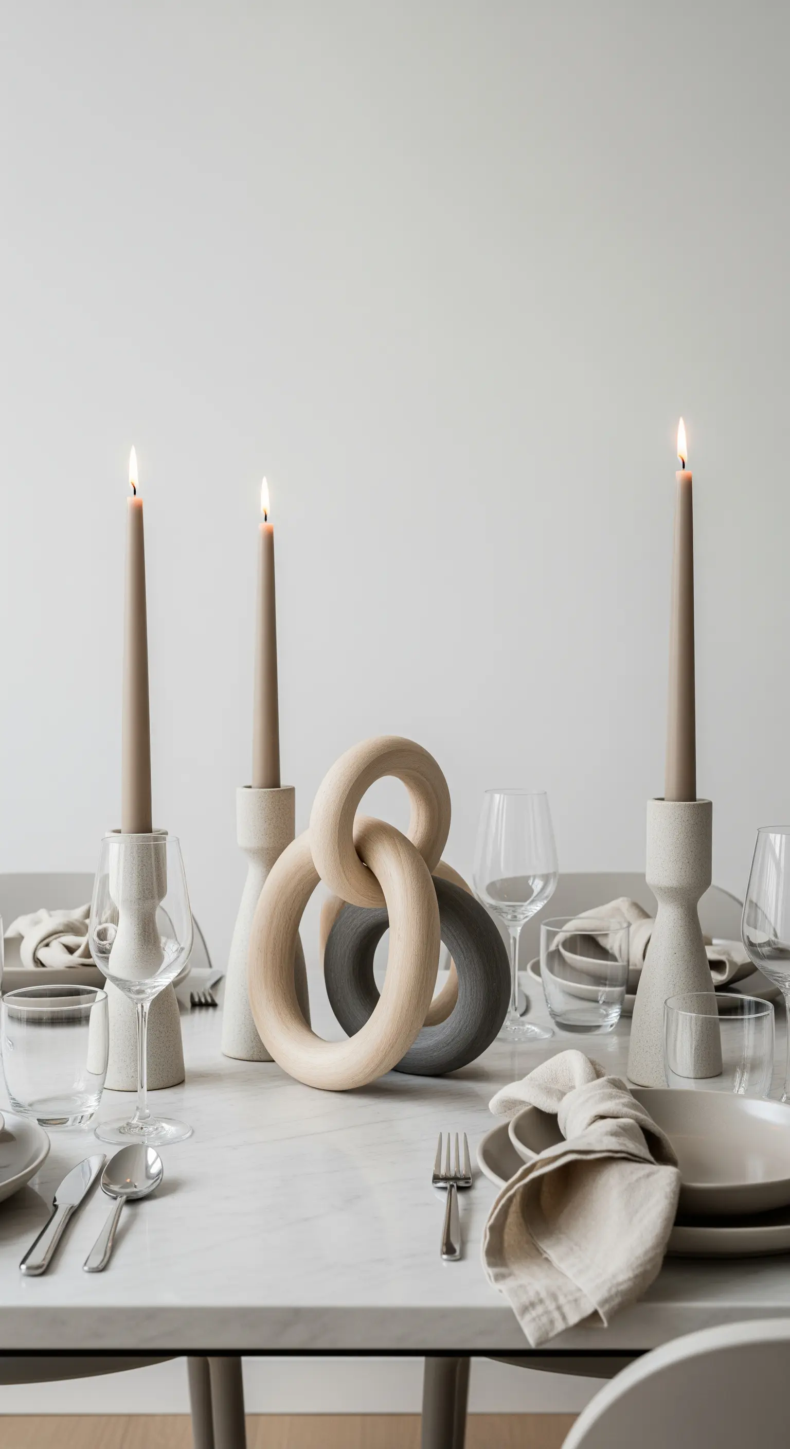 Tavola minimalista in toni neutri con scultura in legno a forma di catena.
