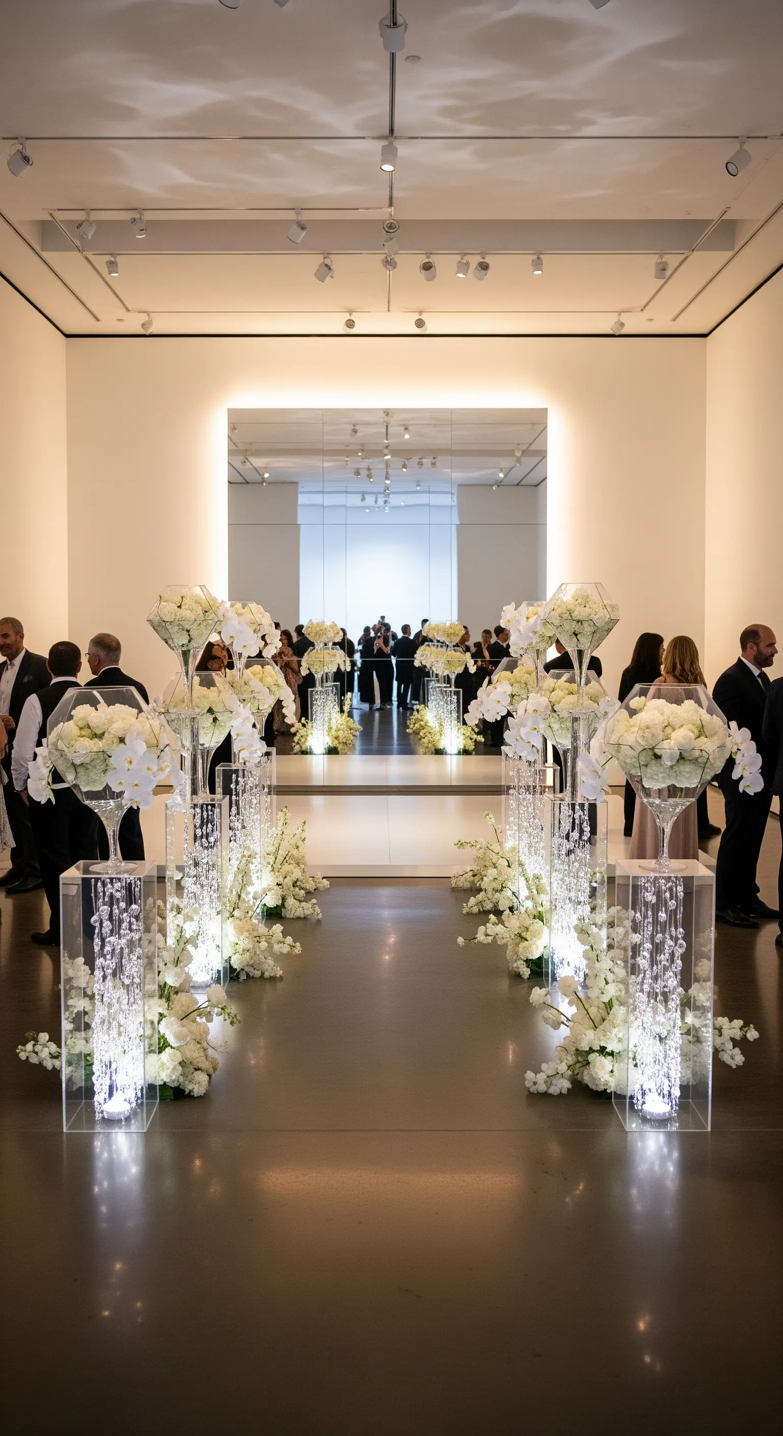Ingresso di un ricevimento in una galleria d'arte con parete a specchio e vasi con fiori bianchi.