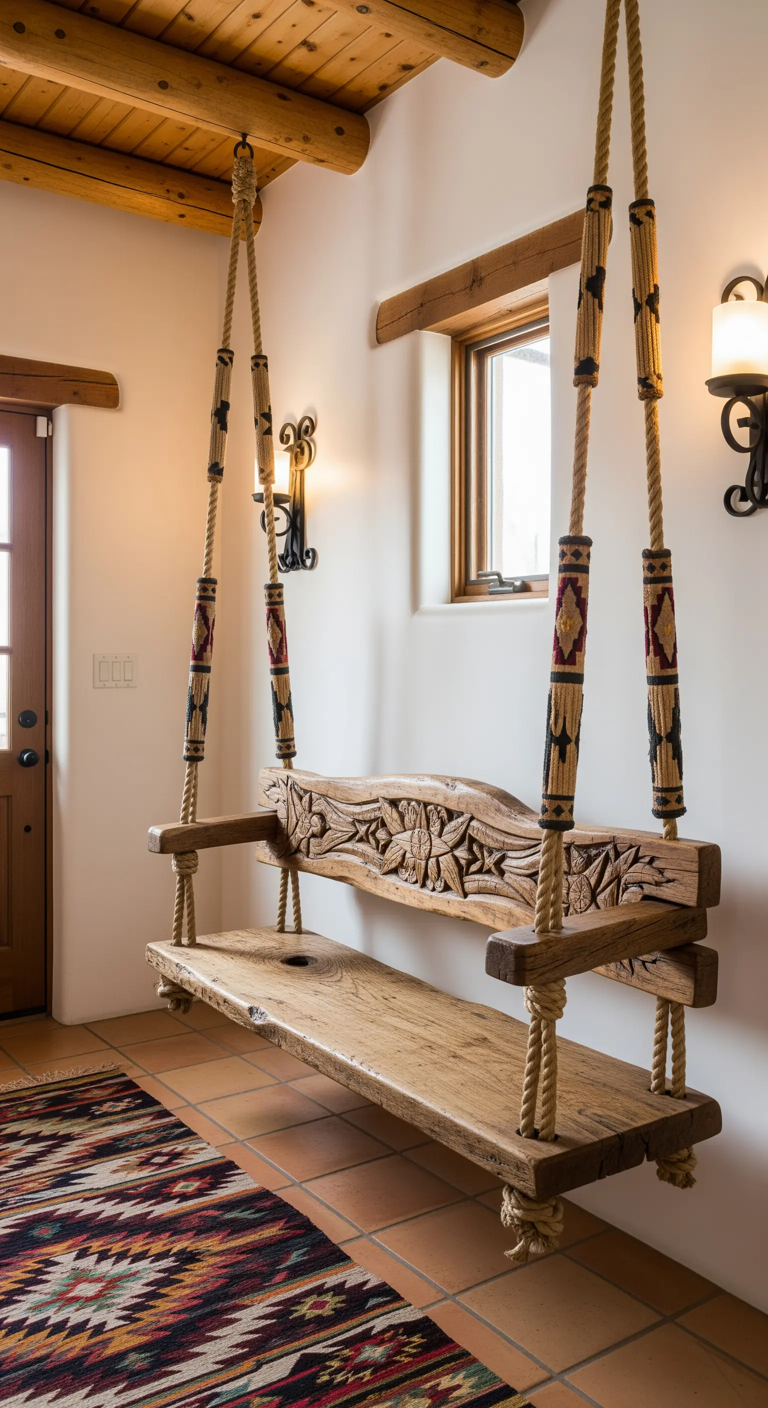 Panca sospesa in legno intagliato con motivi etnici e tappeto colorato.