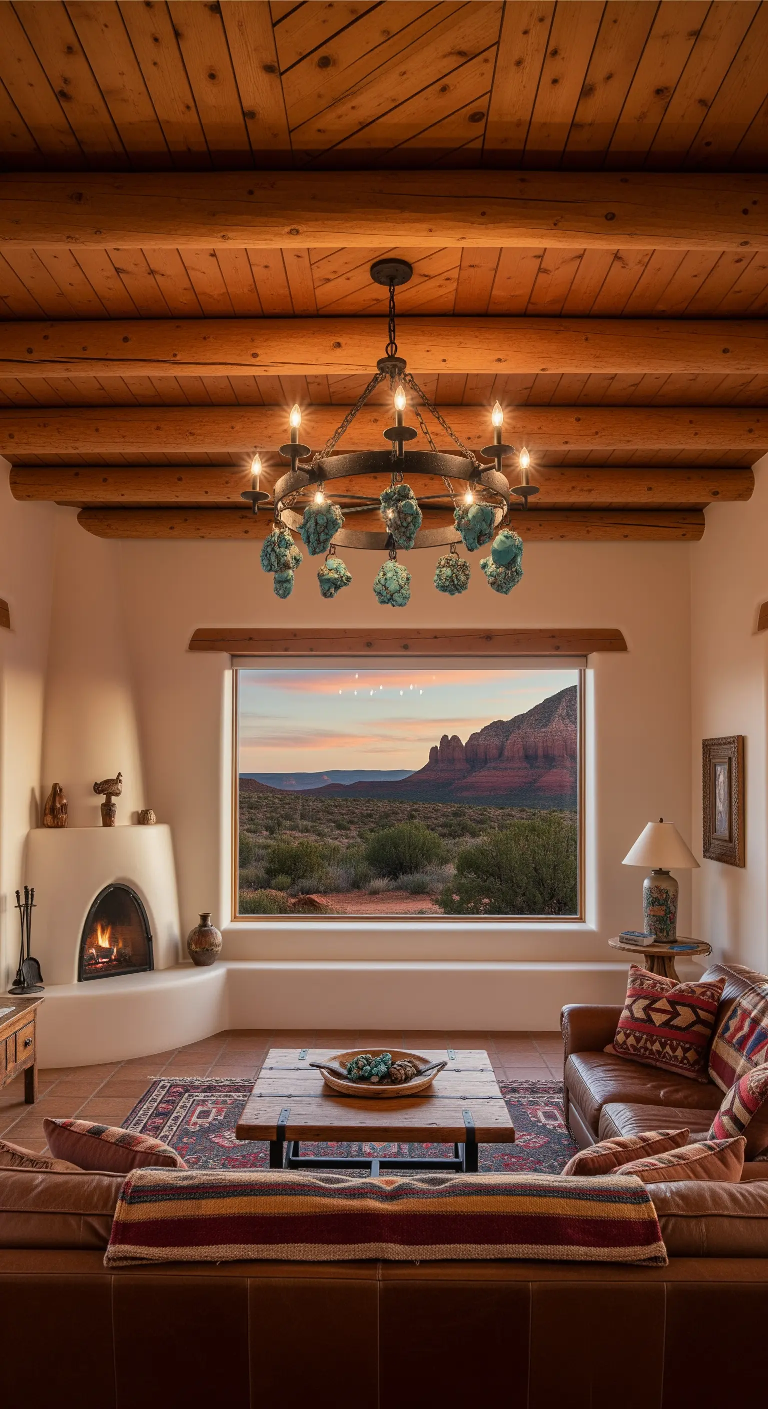 Soggiorno in stile Southwestern con camino kiva e lampadario in ferro decorato con turchesi.