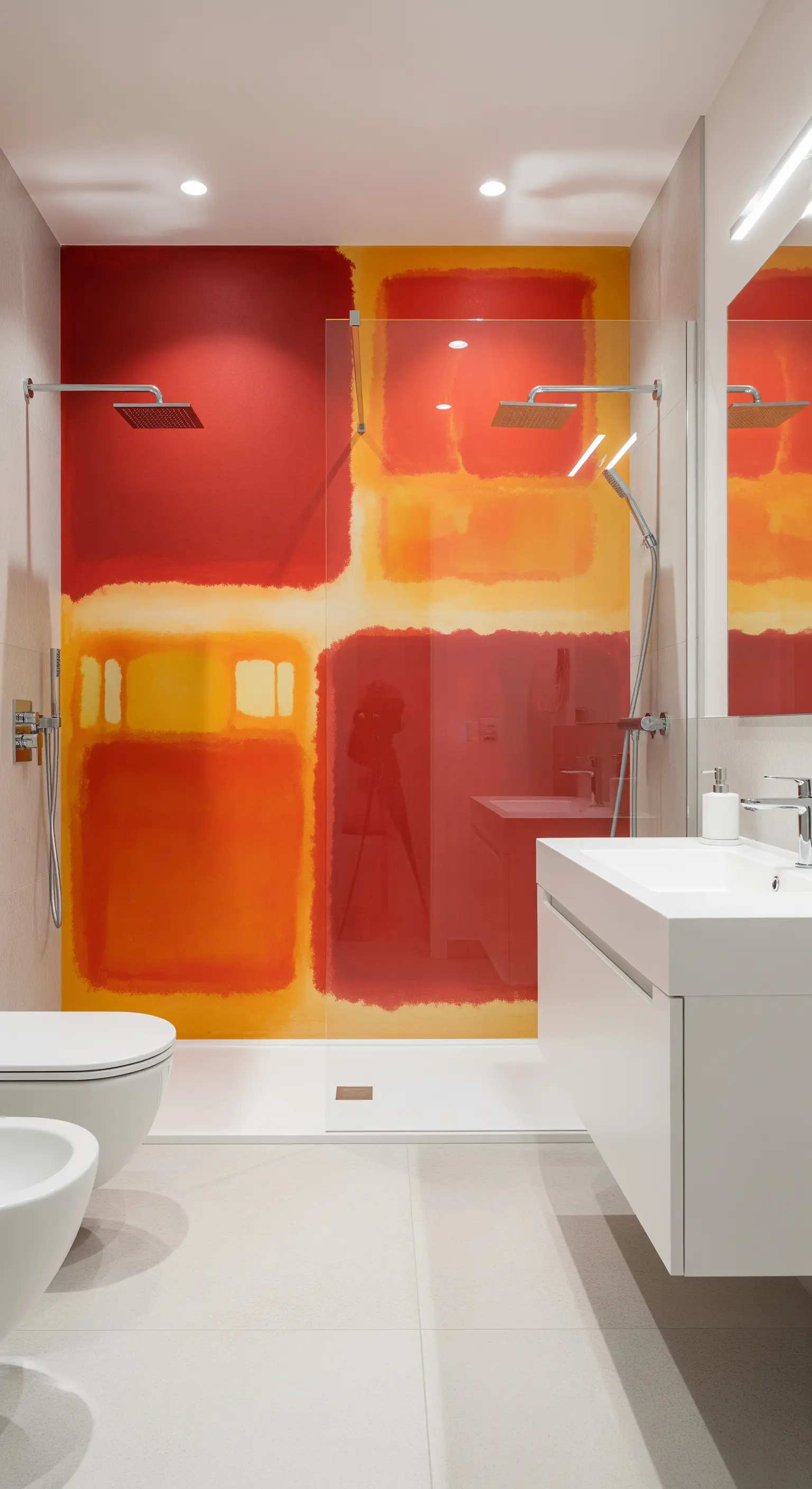 Bagno moderno con murale astratto ispirato a Rothko nei toni del rosso e dell'arancione.