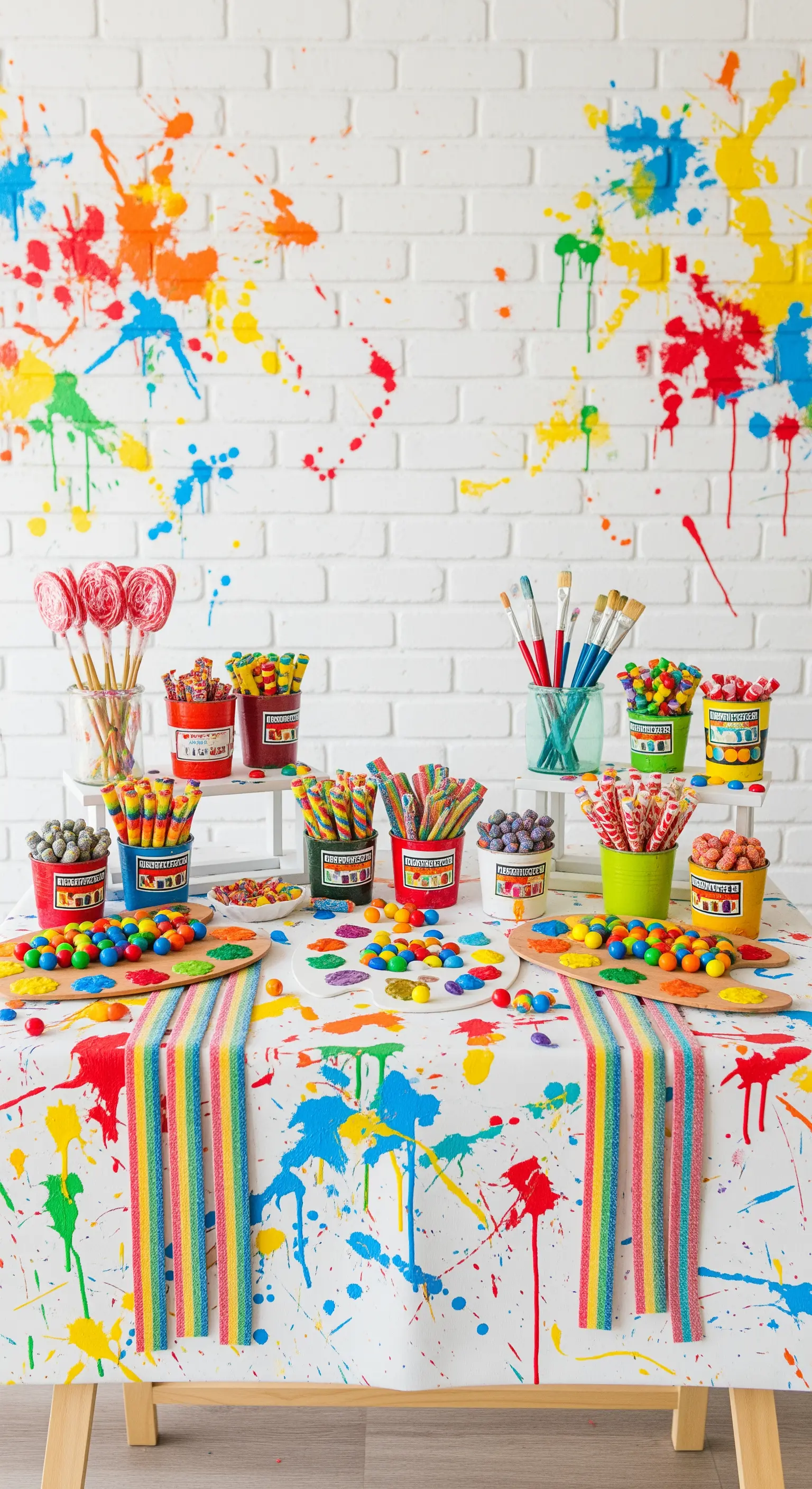 Candy bar a tema artistico con sfondo a schizzi di vernice e caramelle in secchielli colorati