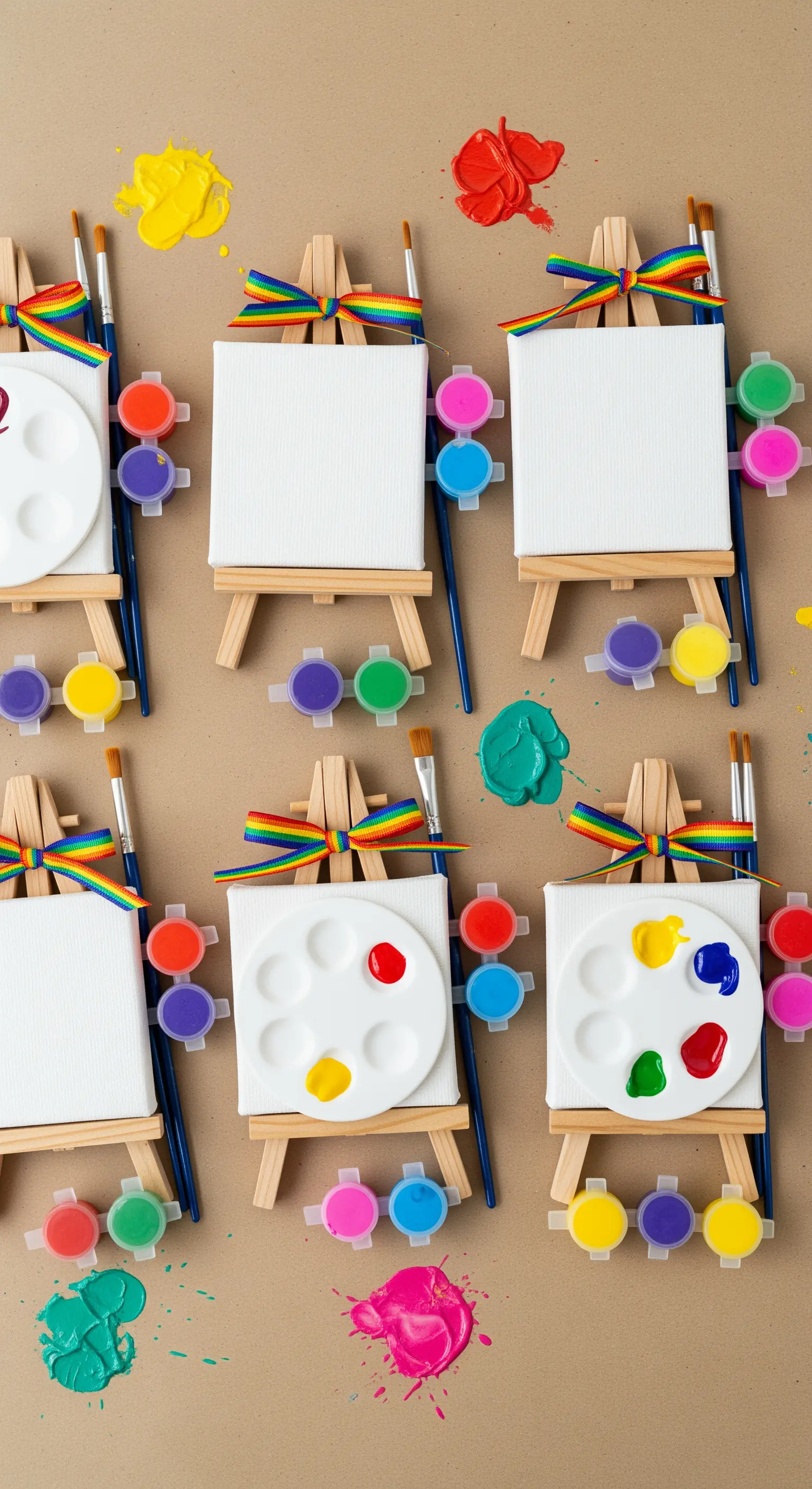 Mini set da pittura con cavalletti, tele bianche e colori acrilici per una festa d'arte.