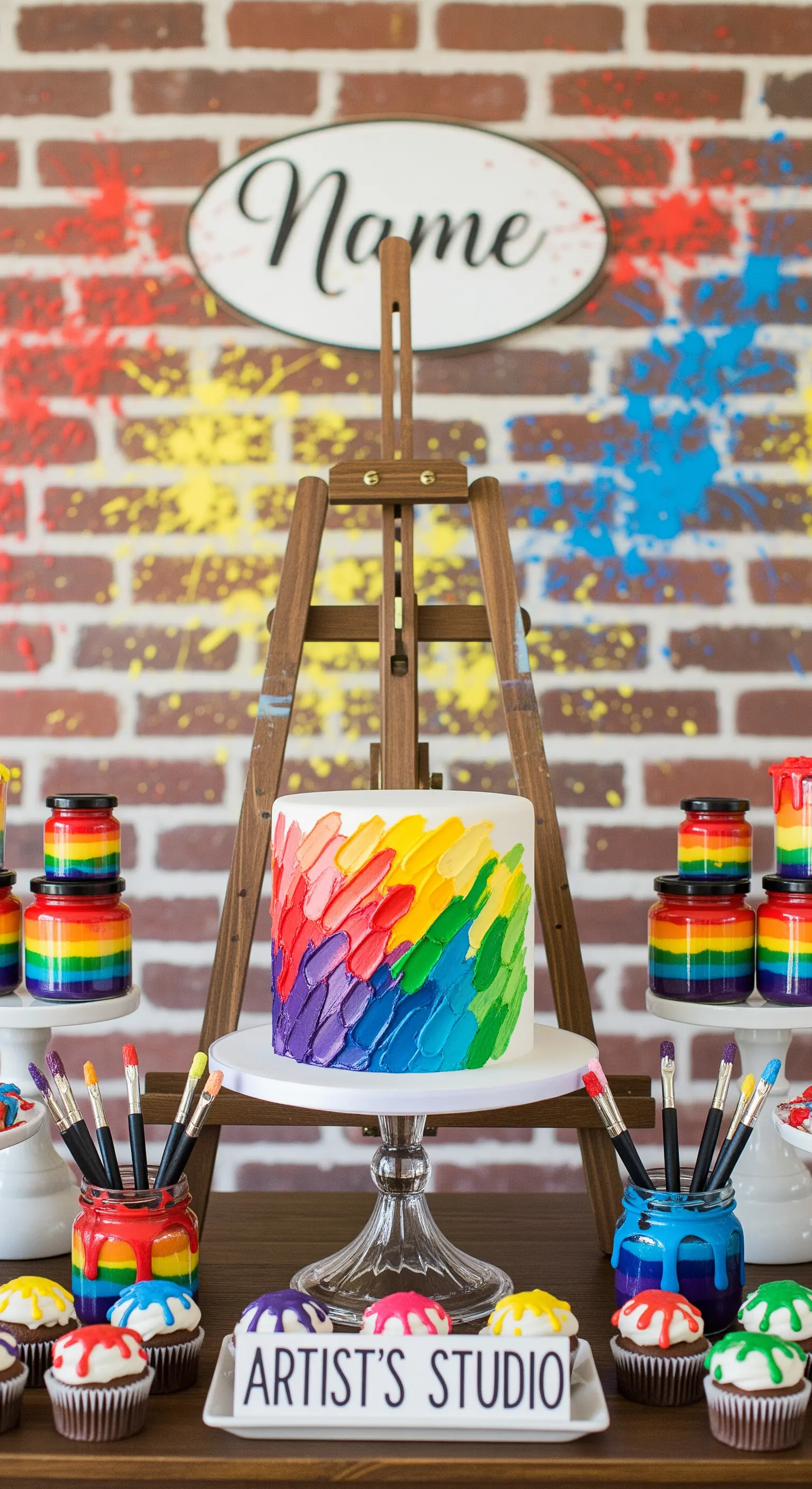 Torta arcobaleno con effetto spatolato su un cavalletto, circondata da barattoli di vernice
