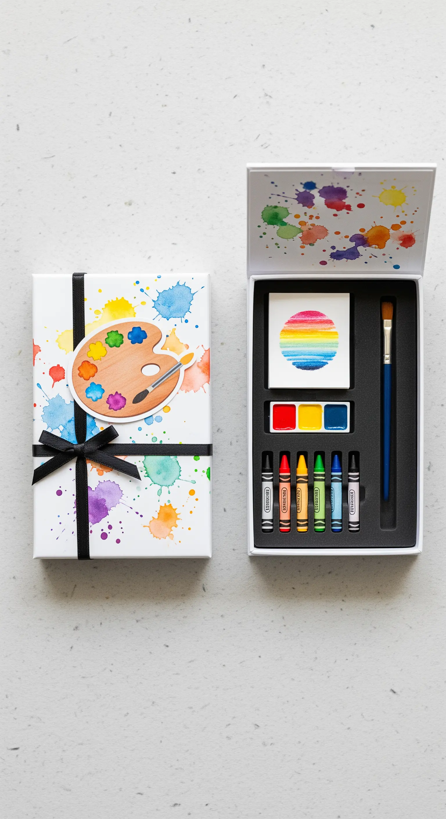 Mini kit artistico per bambini con acquerelli e pastelli in una scatola decorata.