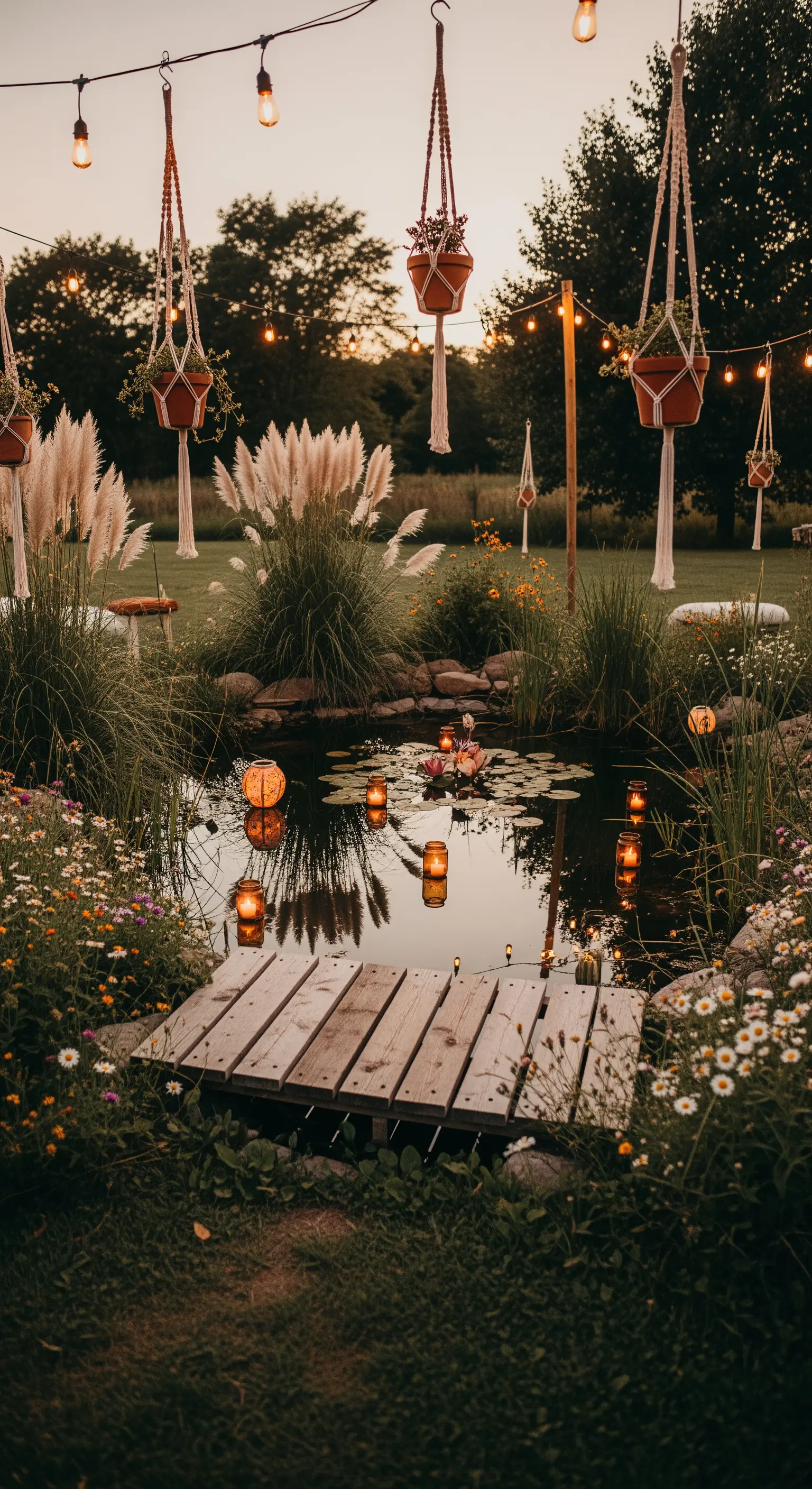 Piccolo laghetto in stile boho con pedana in legno, erba della pampa e luci a stringa.