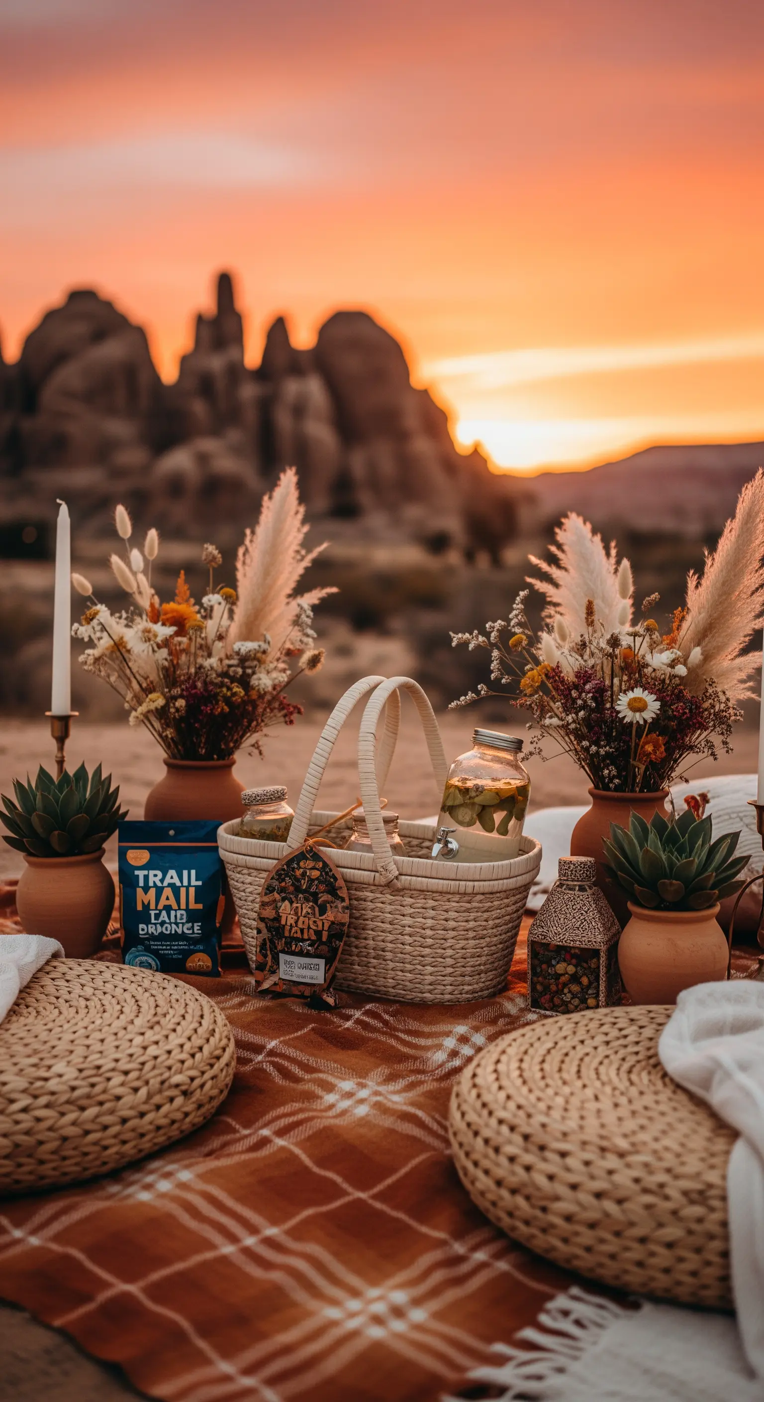 Picnic nel deserto al tramonto con pouf in paglia, erba delle pampas e coperta color terracotta