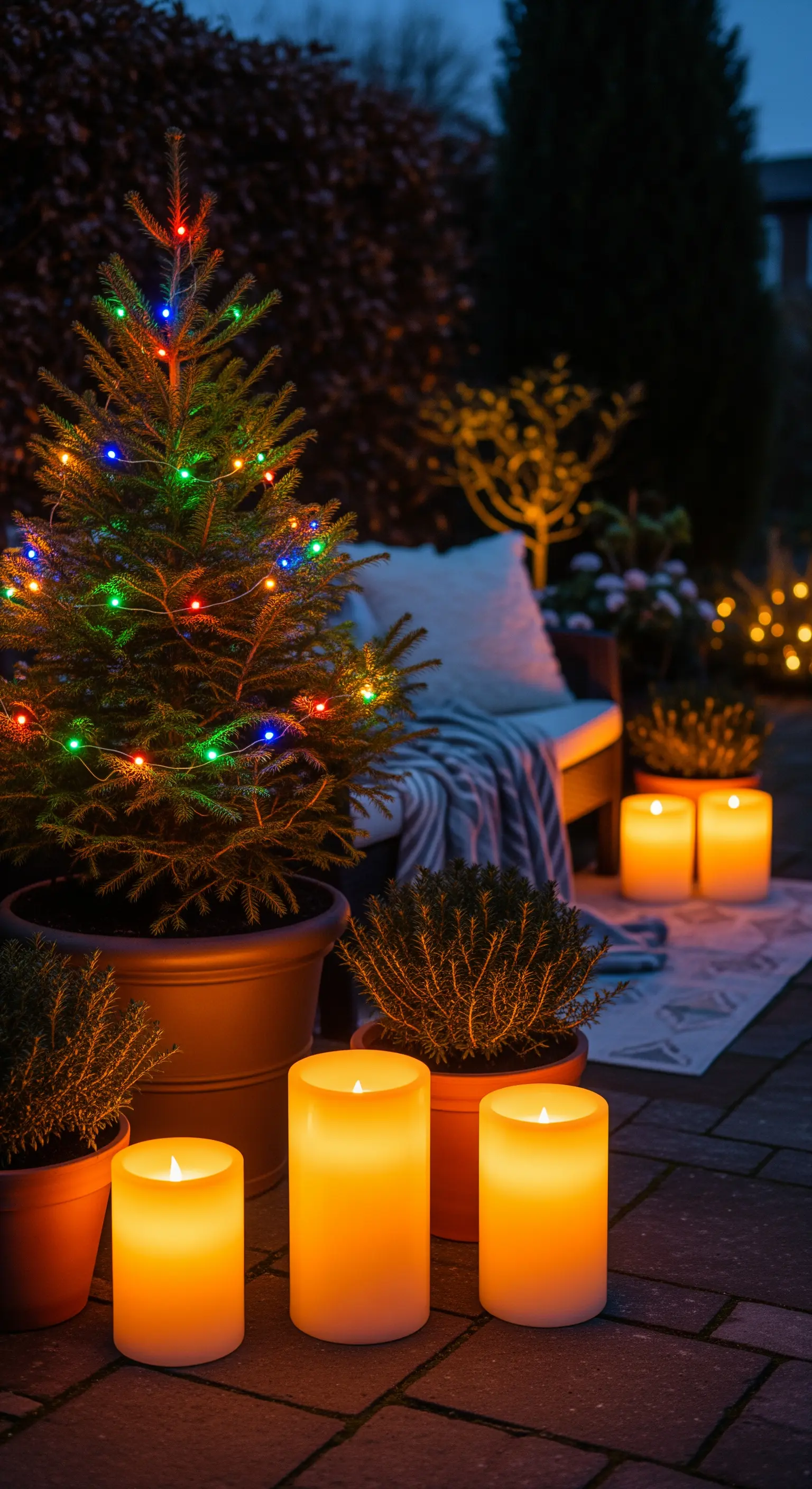 Piccolo albero di Natale in vaso con luci colorate, circondato da candele a LED.