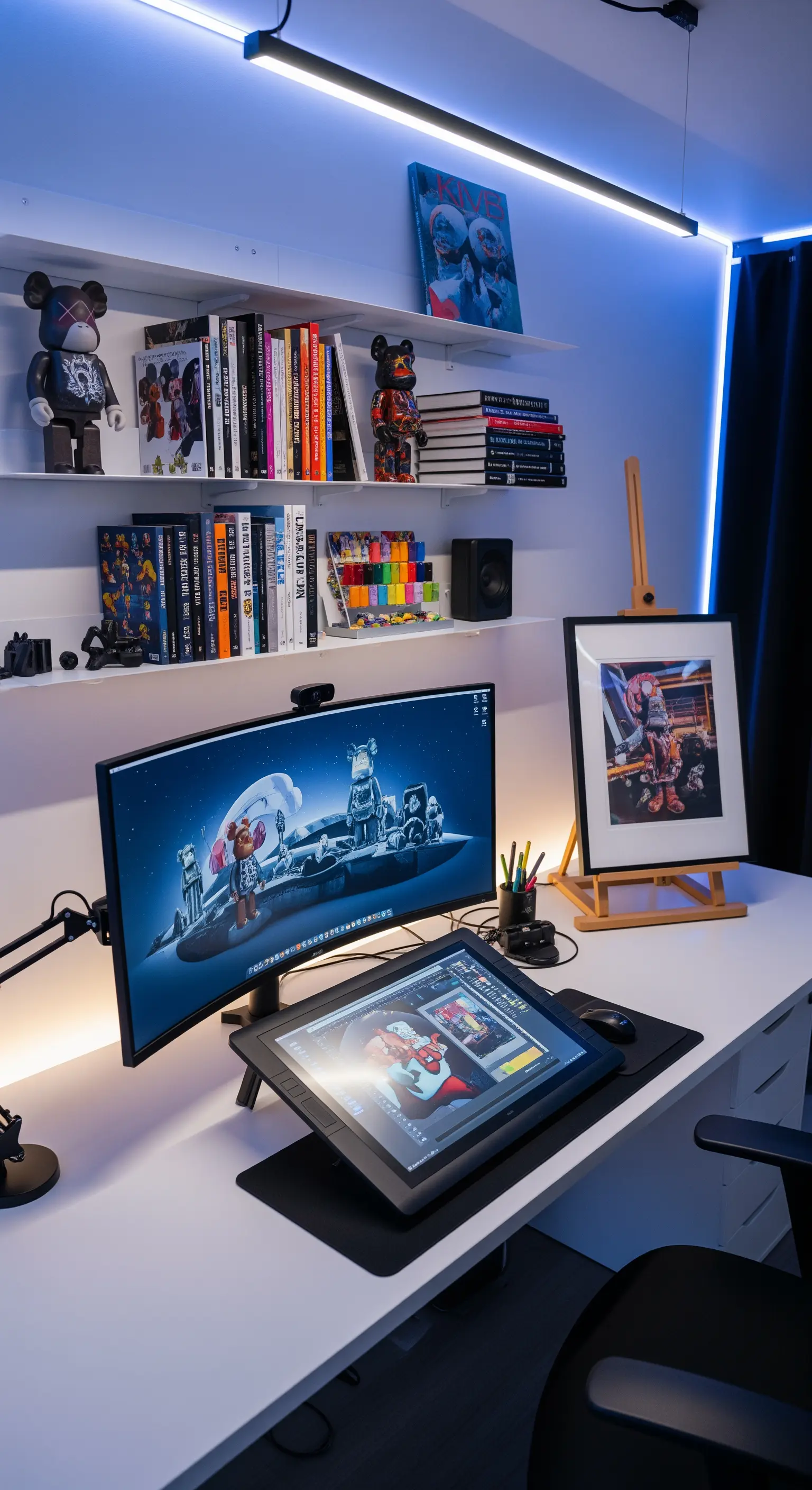 Postazione per arte digitale con monitor curvo, tavoletta grafica e illuminazione ambientale blu.