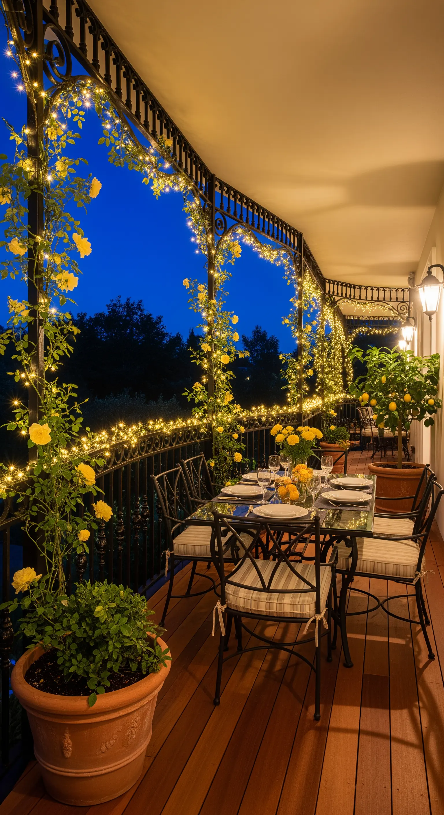 Balcone di sera illuminato da lucine, con rose gialle e una tavola apparecchiata.