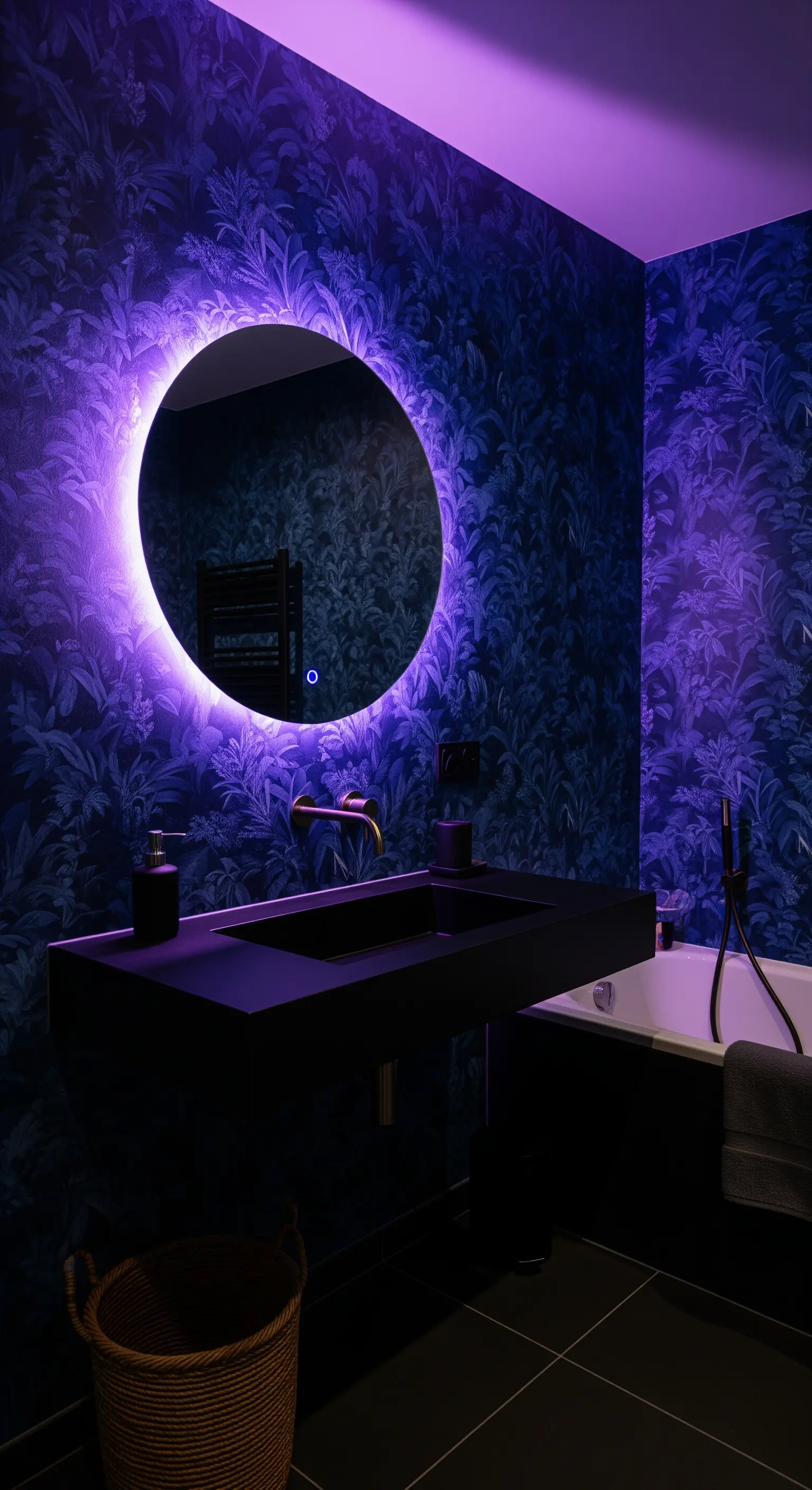 Bagno scuro con carta da parati blu e specchio rotondo illuminato con luce viola.