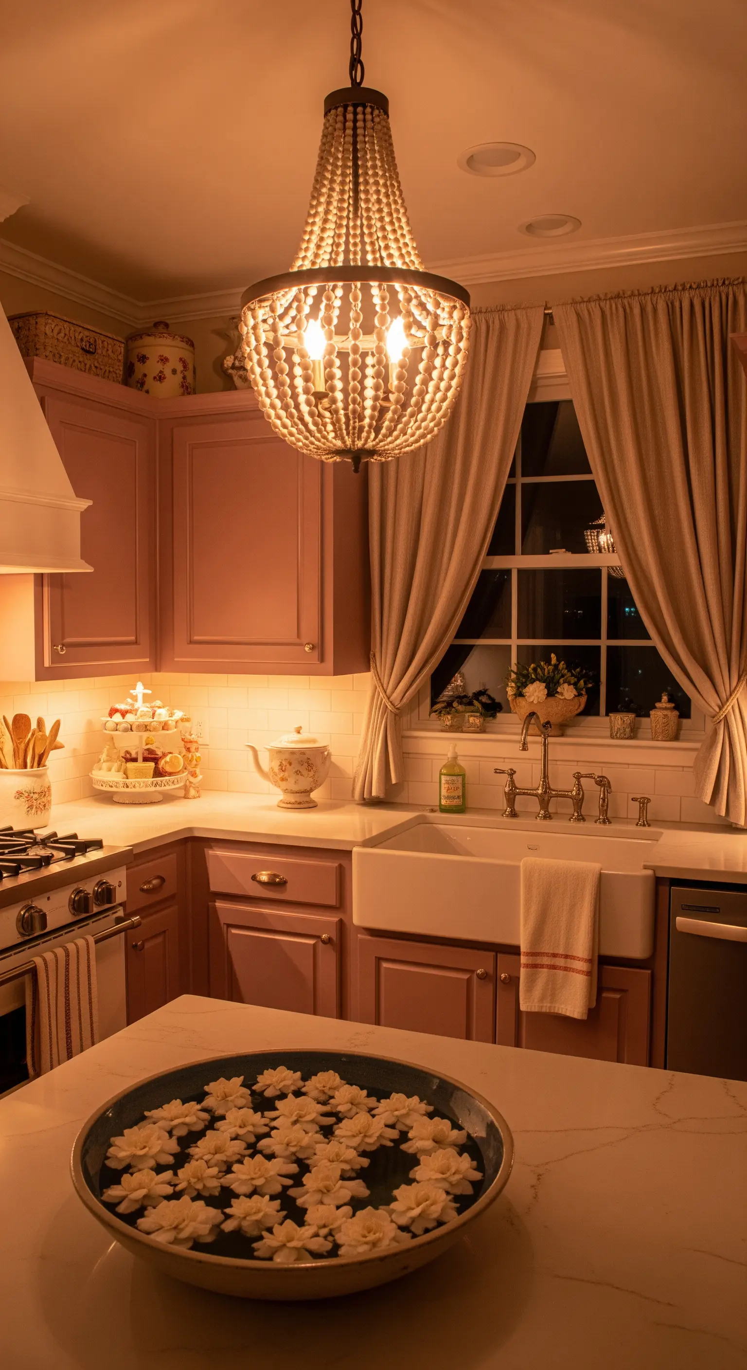 Cucina shabby rosa illuminata di sera da un lampadario a perline e luci calde.