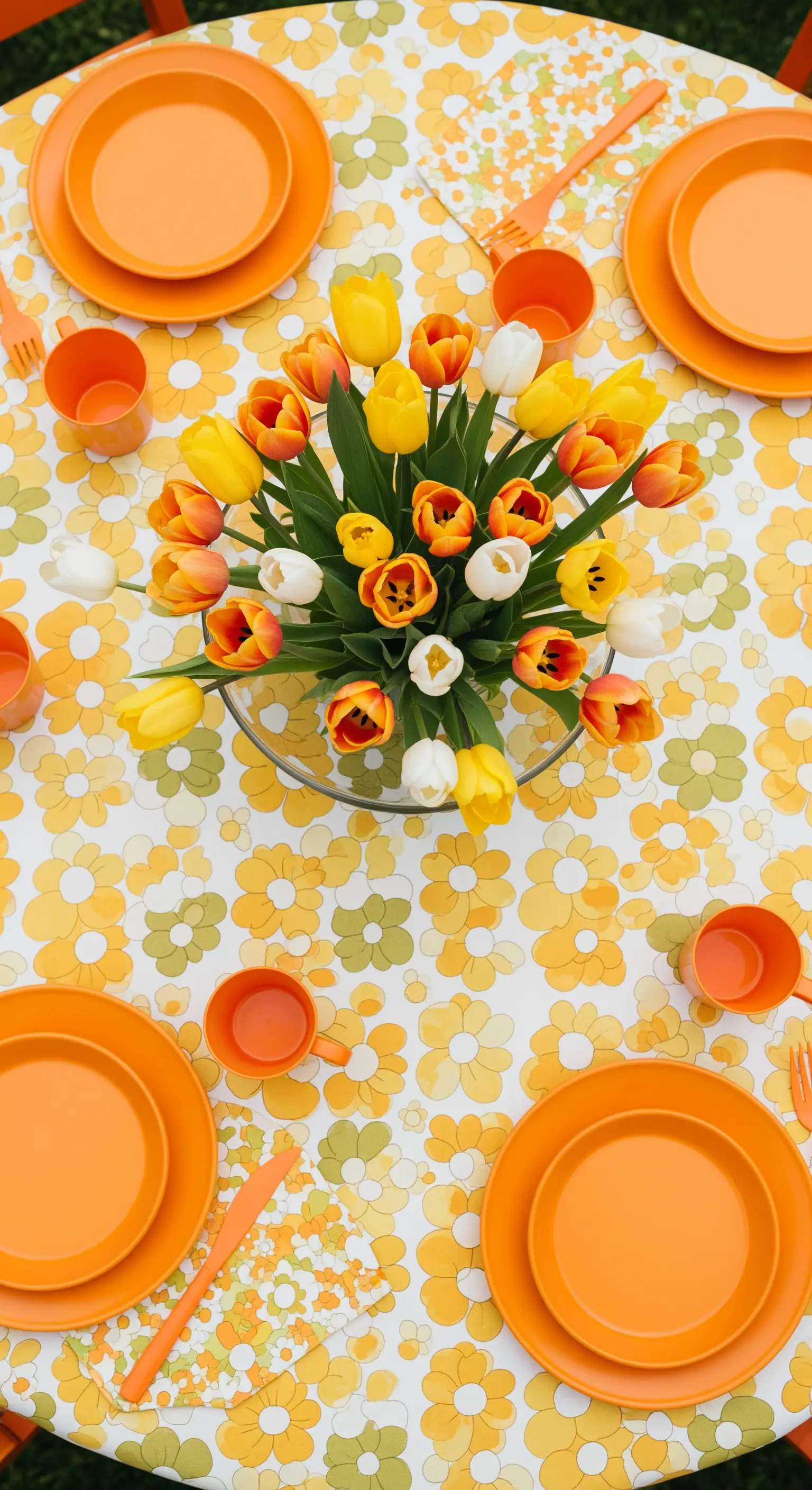 Tavola dall'alto in stile anni '70 con tovaglia a fiori arancioni e gialli e piatti coordinati.