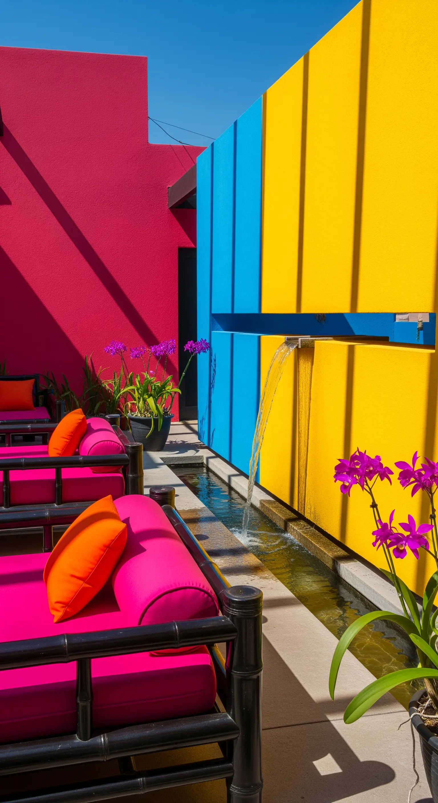 Patio con pareti colorate fucsia e giallo, canale d'acqua e lettini con cuscini vivaci.