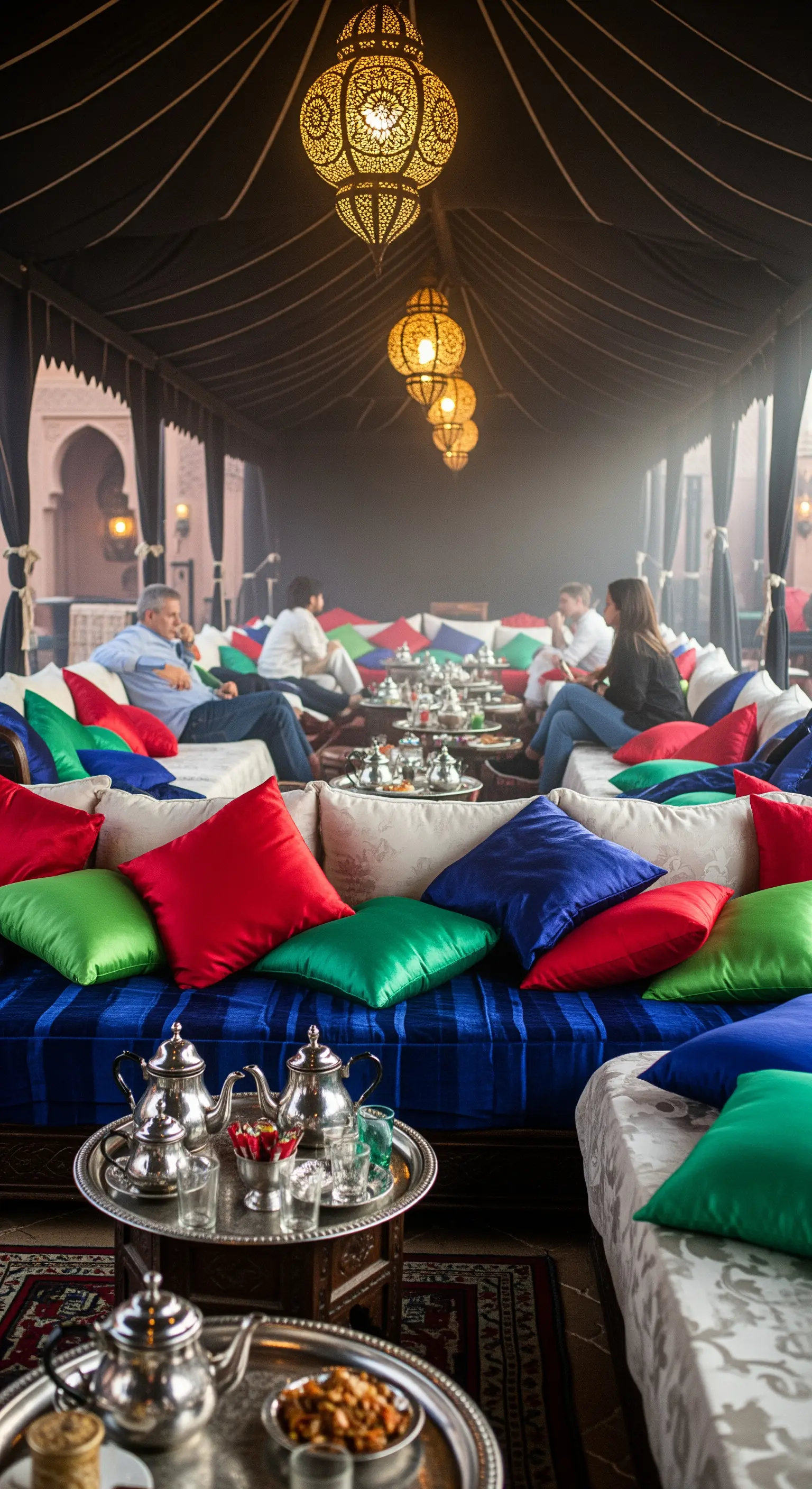 Interno di una tenda marocchina con divani bassi, cuscini colorati e lanterne sospese