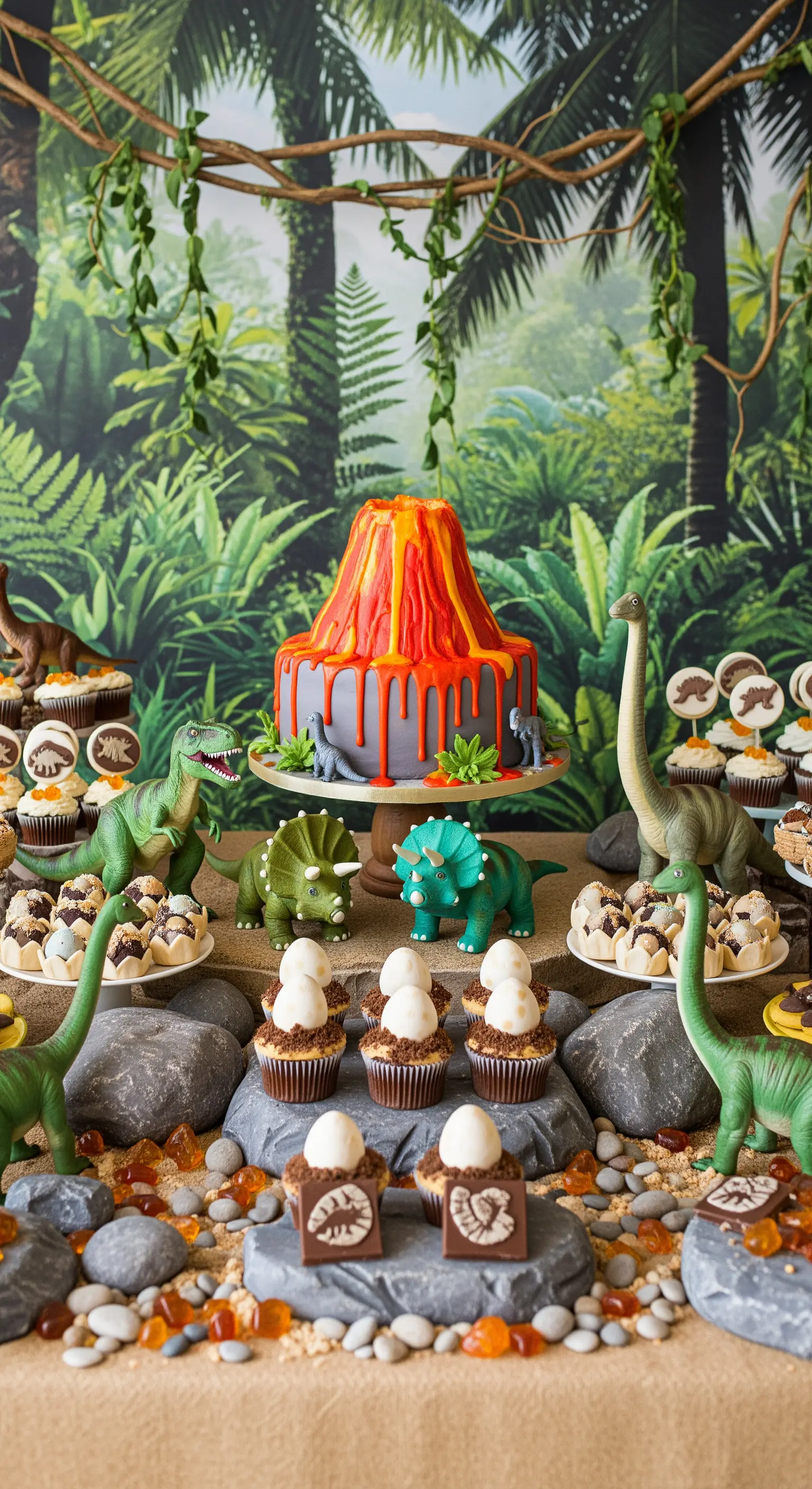 Sweet table a tema dinosauri con torta a forma di vulcano, rocce, piante e statuette di T-Rex