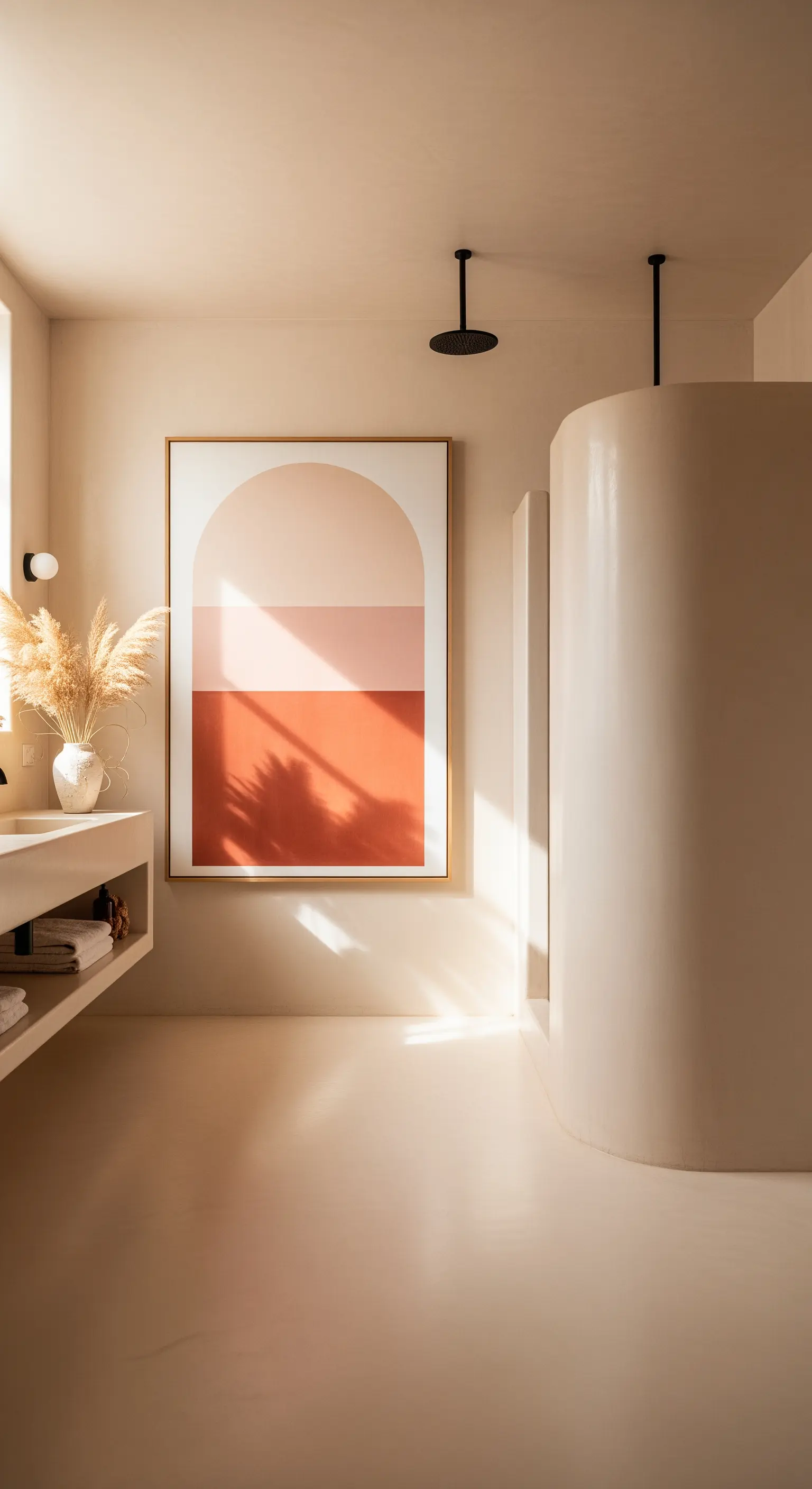 Bagno in microcemento color sabbia con doccia curva e un quadro geometrico.
