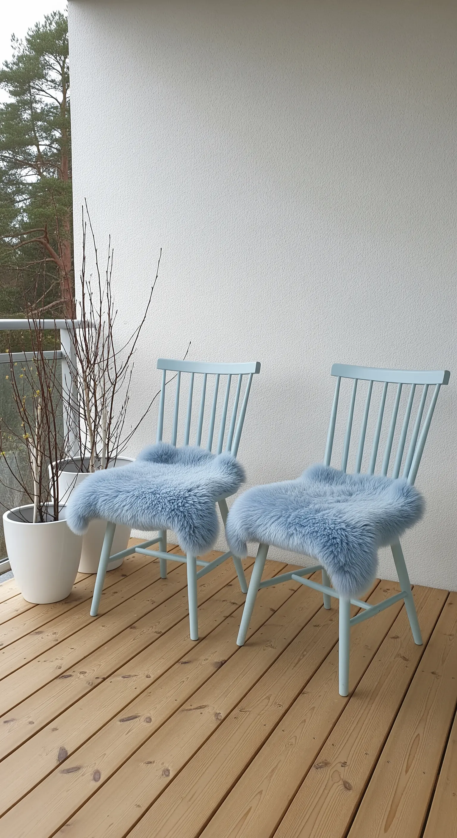 Due sedie in legno azzurro chiaro con sedute in pelliccia sintetica dello stesso colore.