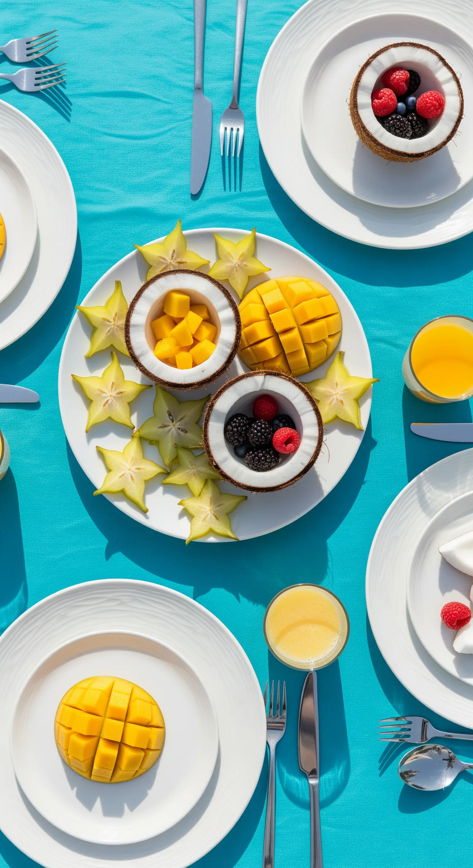 Frutta tropicale servita in gusci di cocco su una tovaglia turchese.