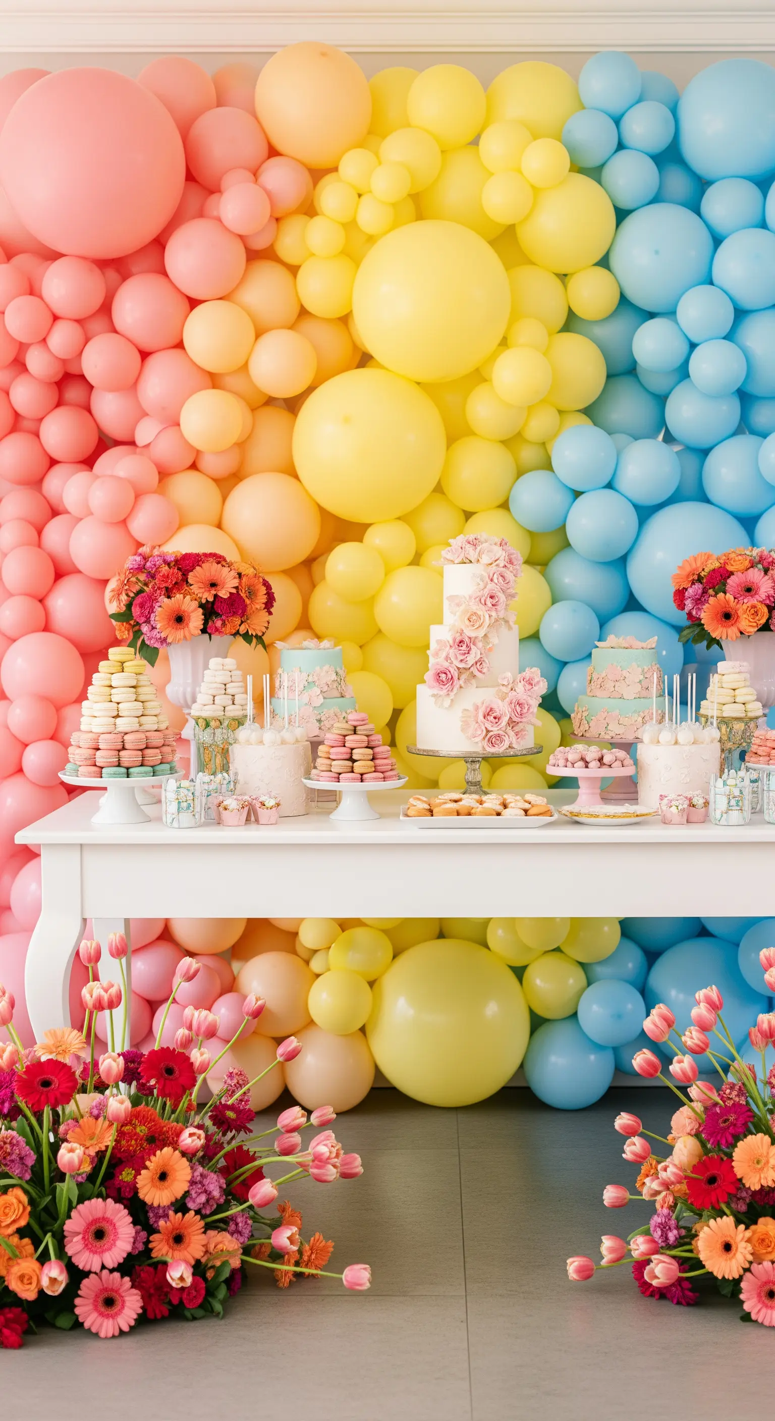Tavolo dei dolci allestito davanti a un backdrop di palloncini rosa, gialli e azzurri.