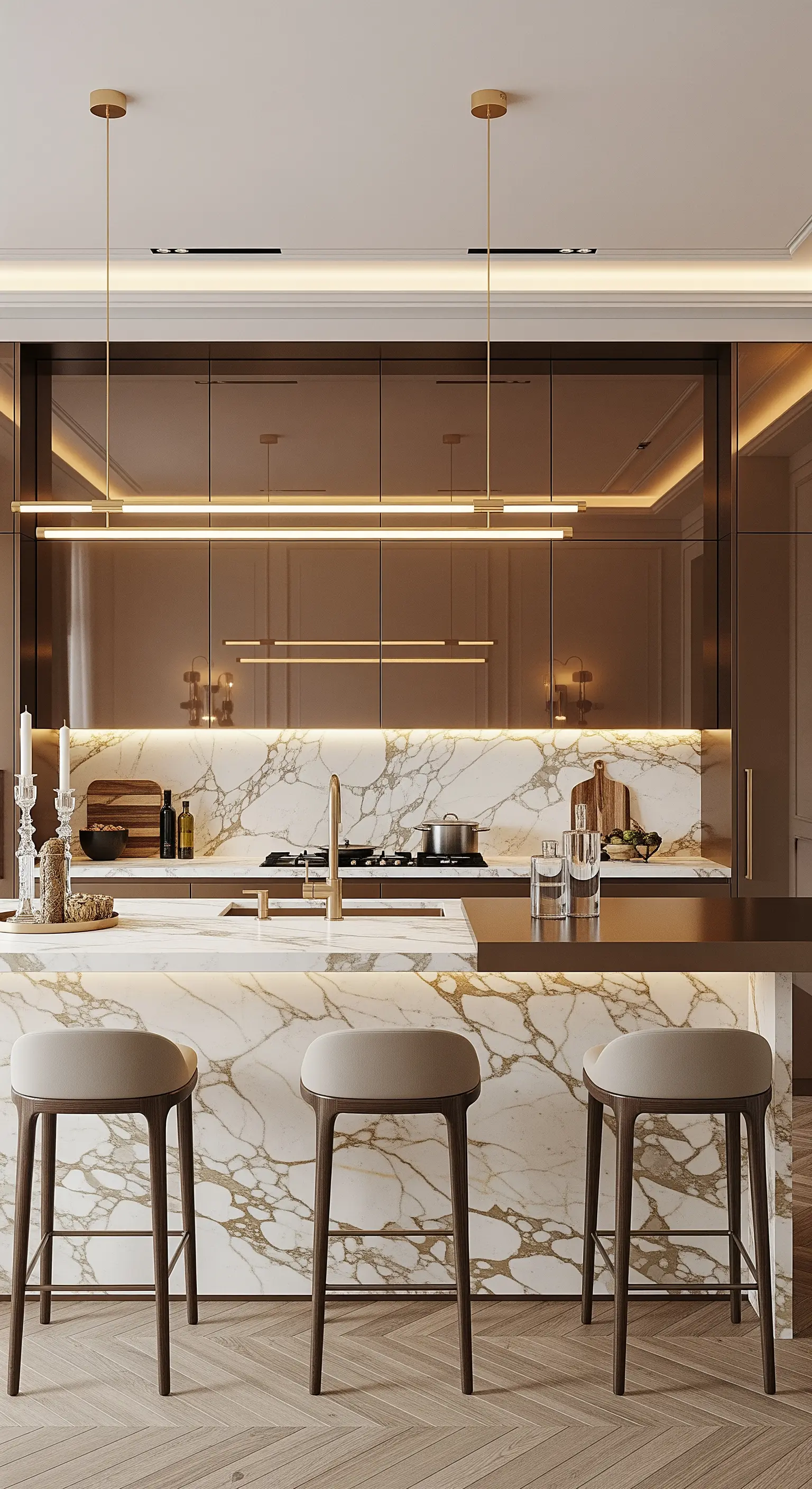 Cucina di lusso con isola in marmo e pensili con ante a specchio bronzato.