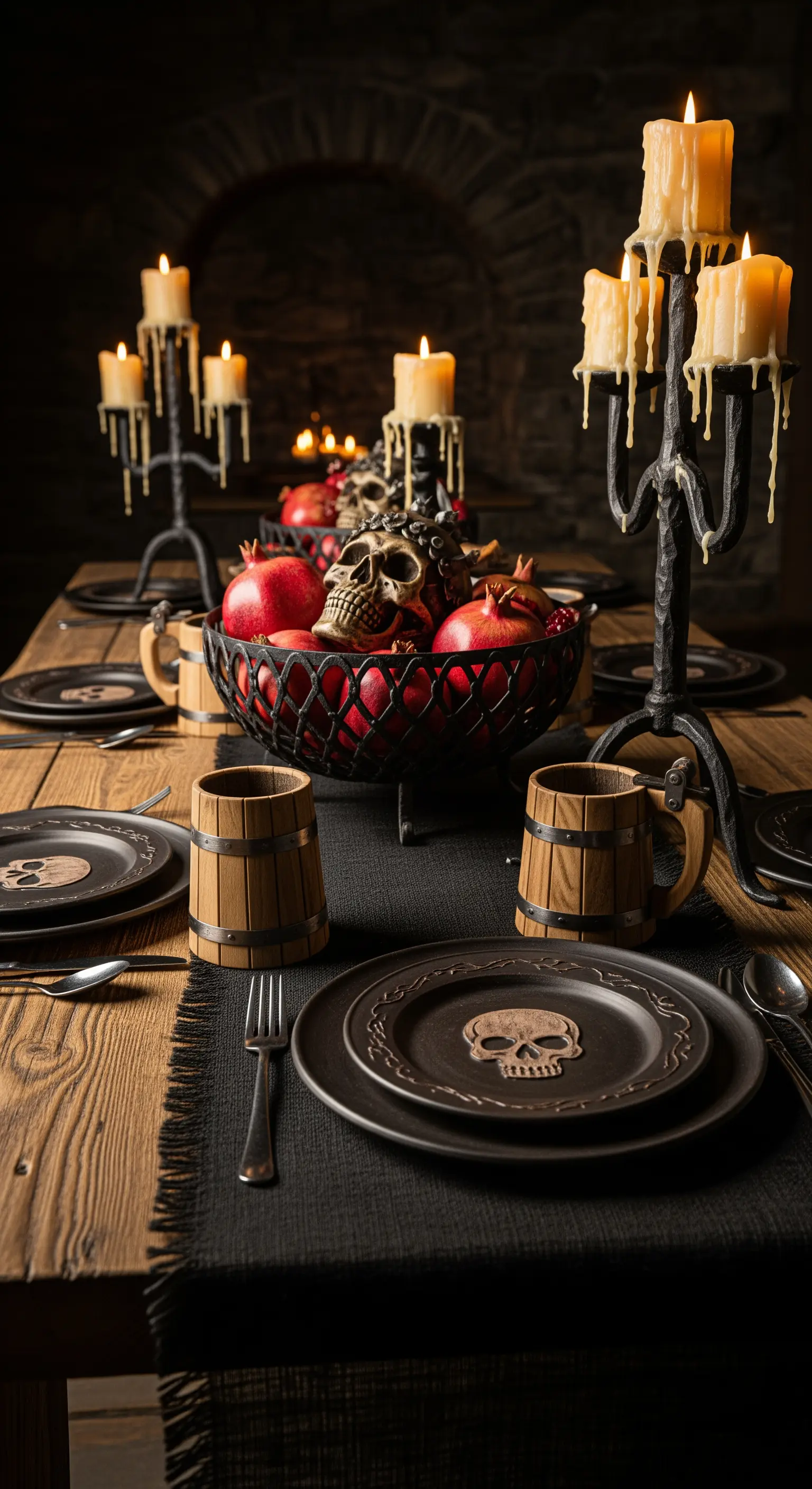 Tavola medievale con candelabri in ferro, boccali di legno e centrotavola con teschi.