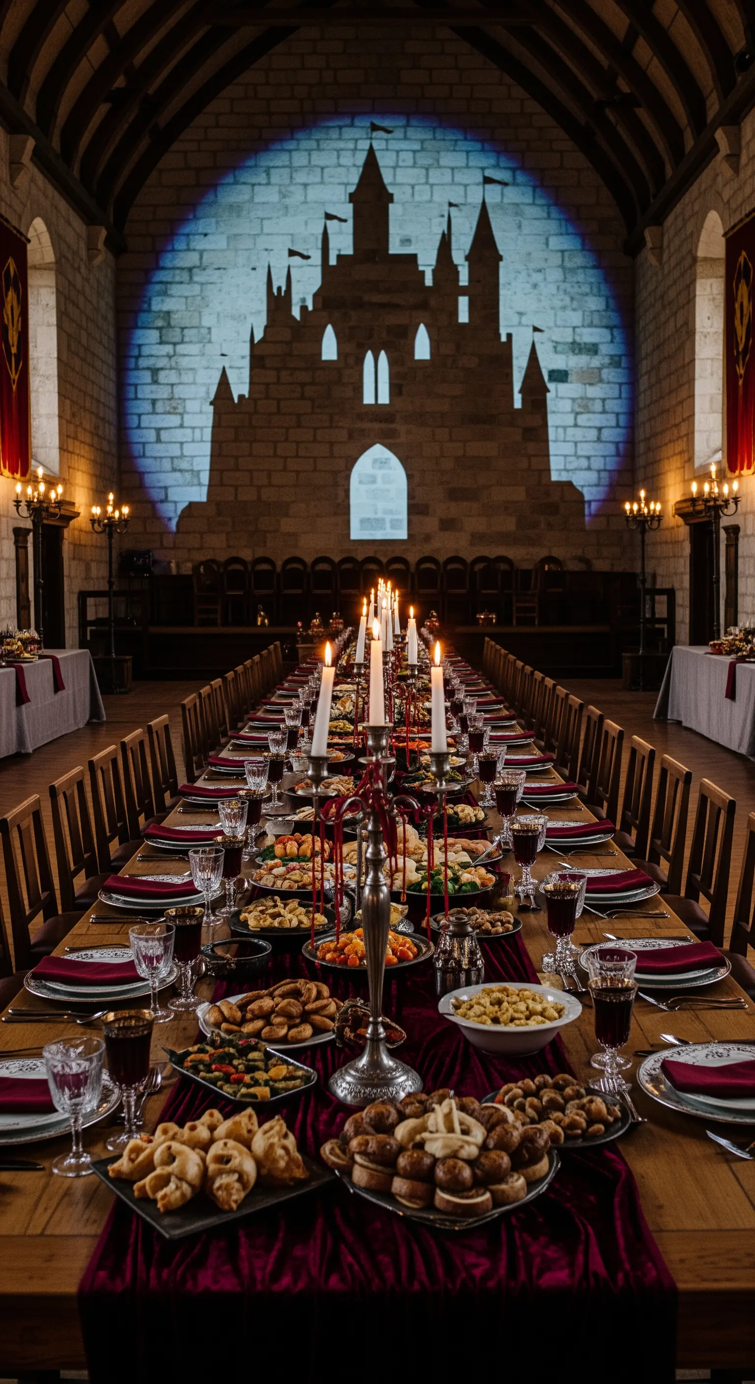 Banchetto in stile medievale con lunghi tavoli, candelabri e la proiezione di un castello.