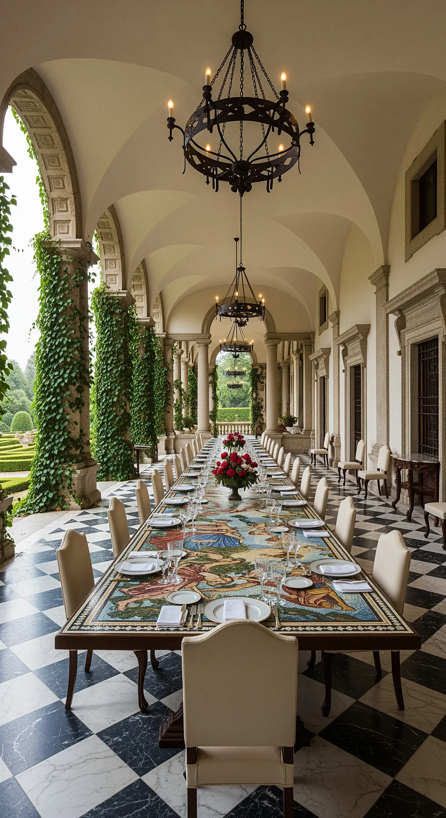 Loggia con pavimento a scacchi, lungo tavolo a mosaico e lampadari in ferro.