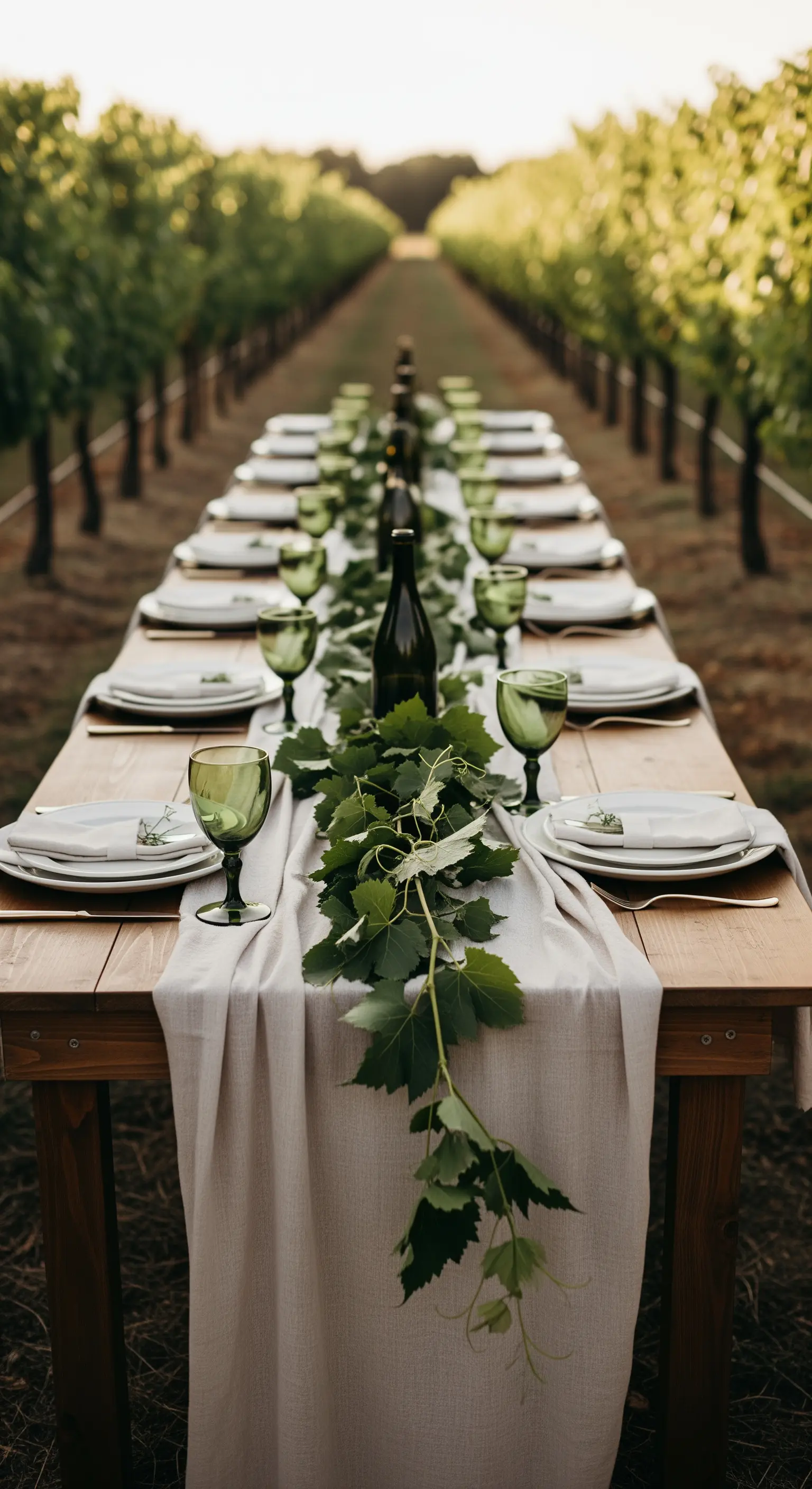 Lungo tavolo da matrimonio allestito in un vigneto, con un runner di foglie di vite.