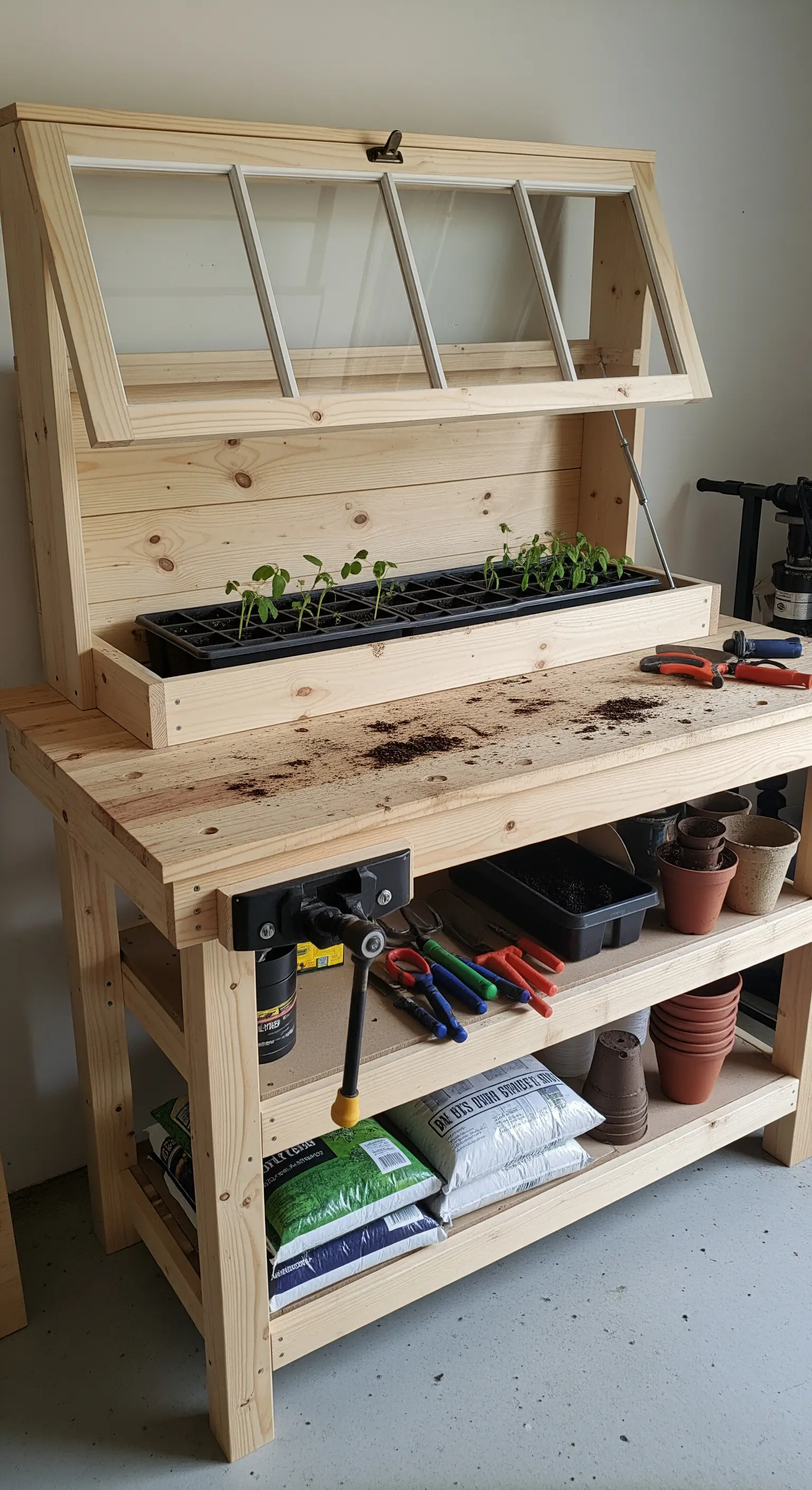 Banco da lavoro in legno con una mini serra integrata nella parte superiore, pieno di attrezzi da giardinaggio
