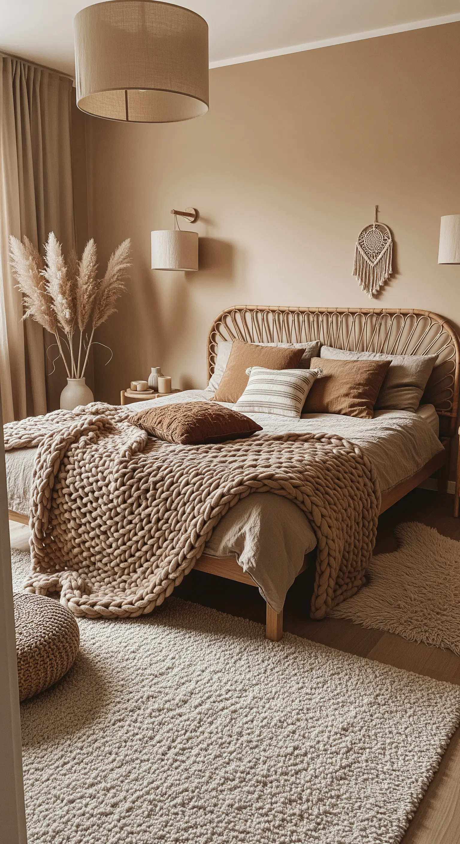 Camera da letto beige con testiera in rattan e una coperta in maglia chunky.