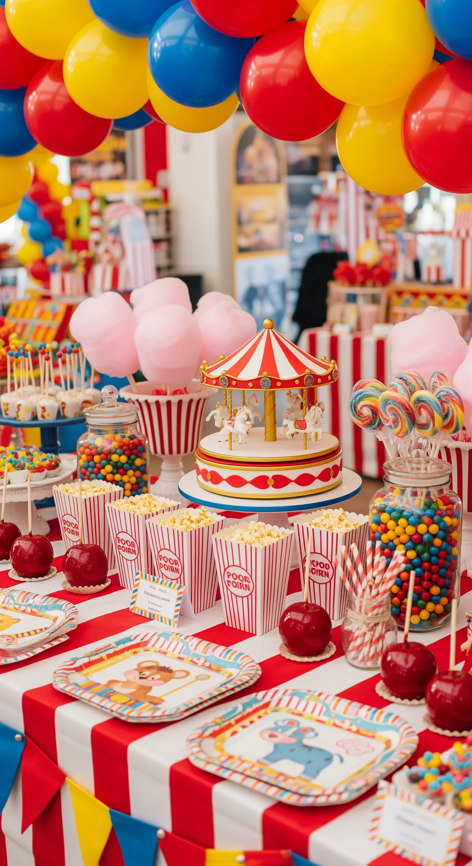 Tavola da festa a tema circo con popcorn, zucchero filato, torta a giostra e colori vivaci.