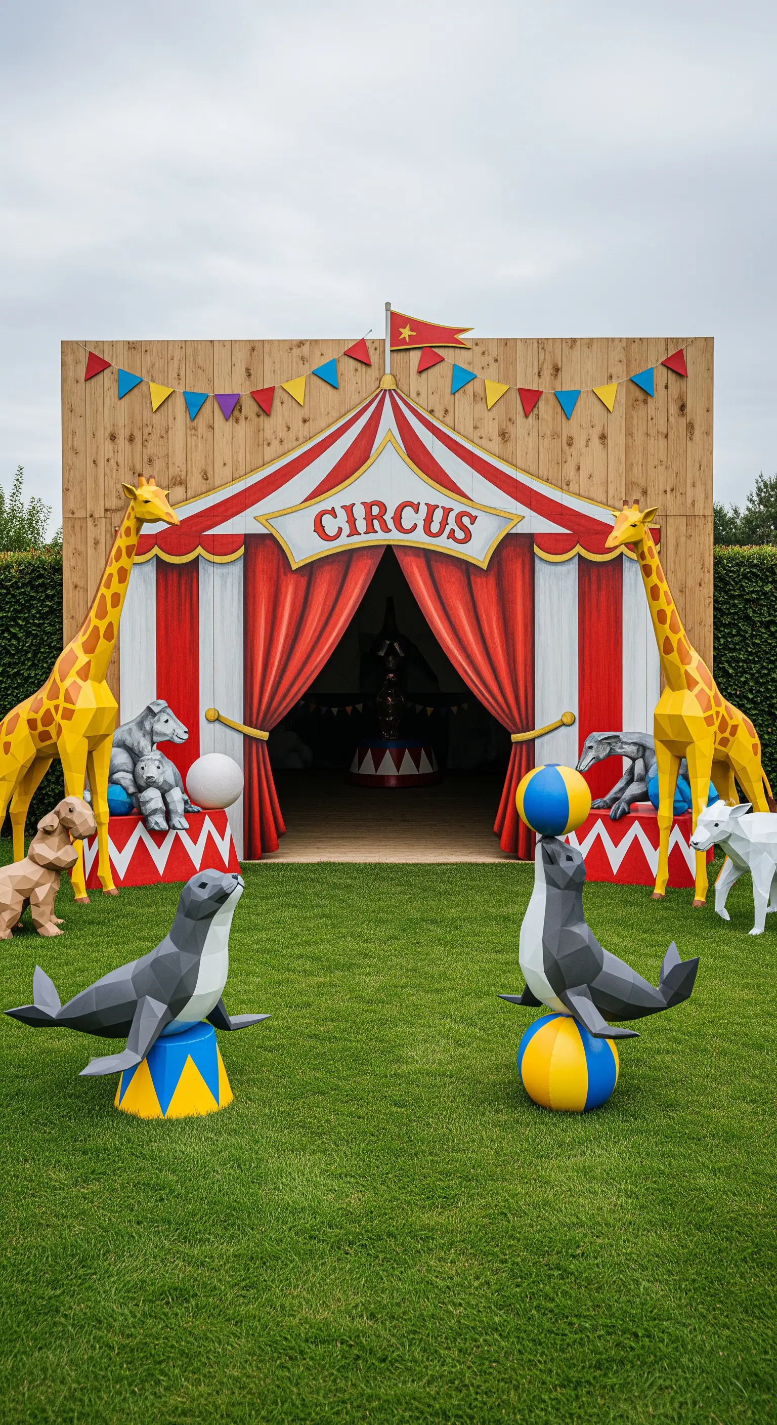 Ingresso di un circo allestito in giardino con un backdrop dipinto e grandi animali di carta.