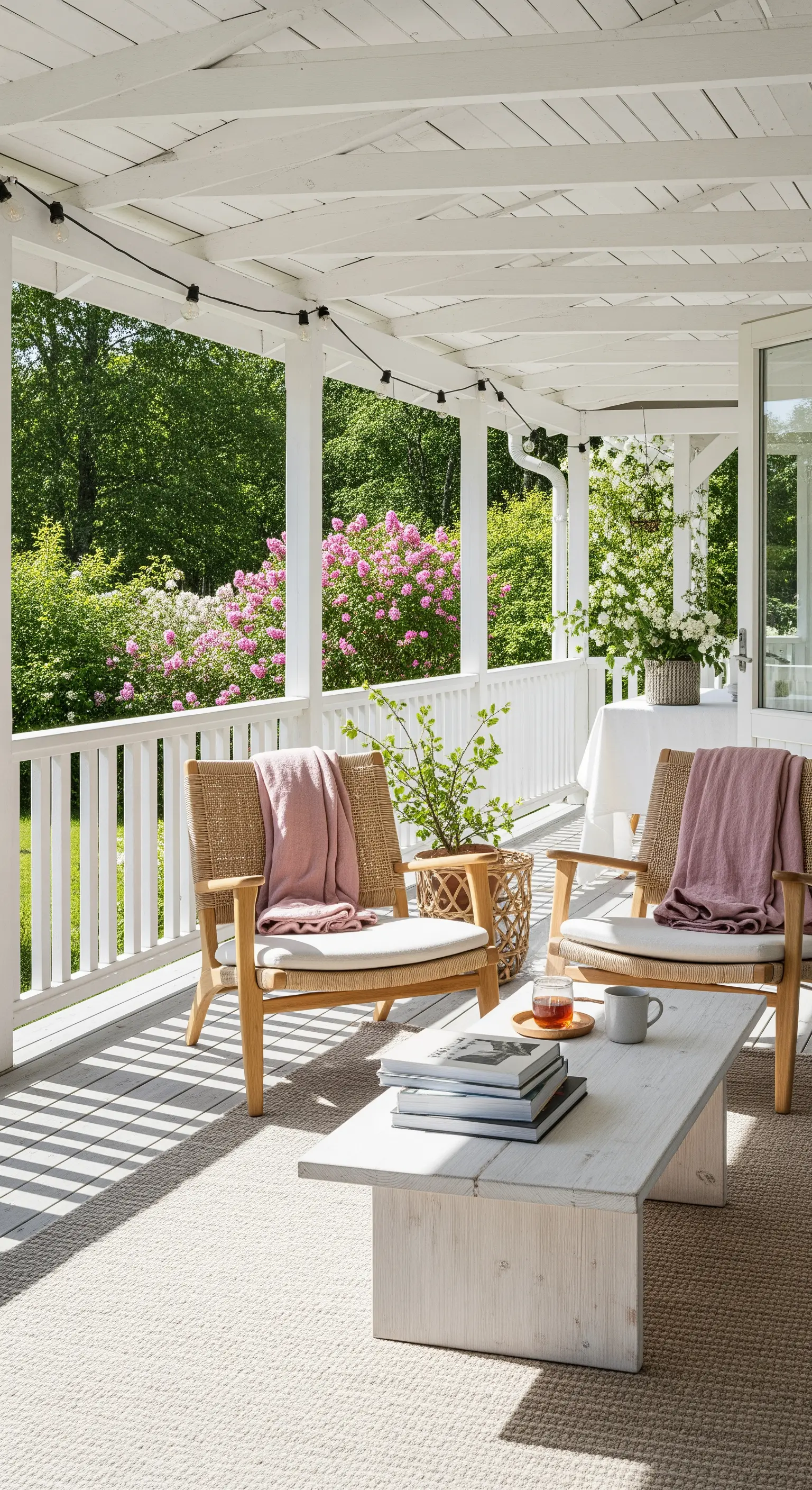 Veranda bianca con poltrone in legno e paglia, plaid rosa e tavolino basso in legno sbiancato