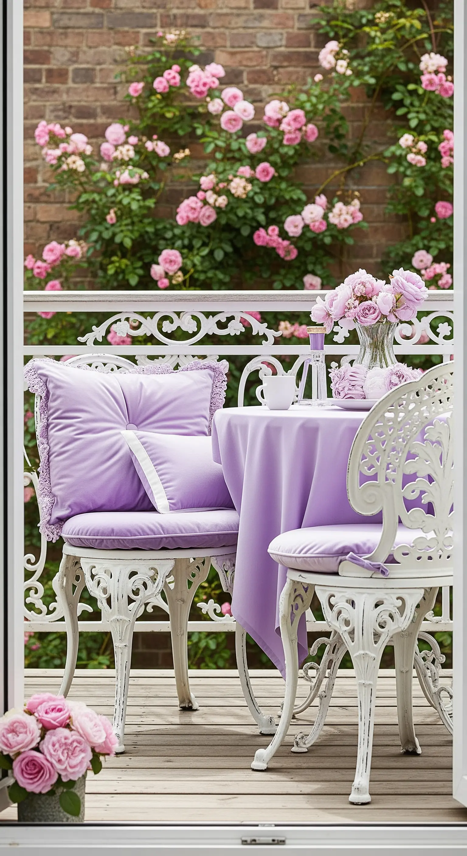 Set da bistrò in ferro battuto bianco con cuscini e tovaglia lilla, sfondo di rose rampicanti.