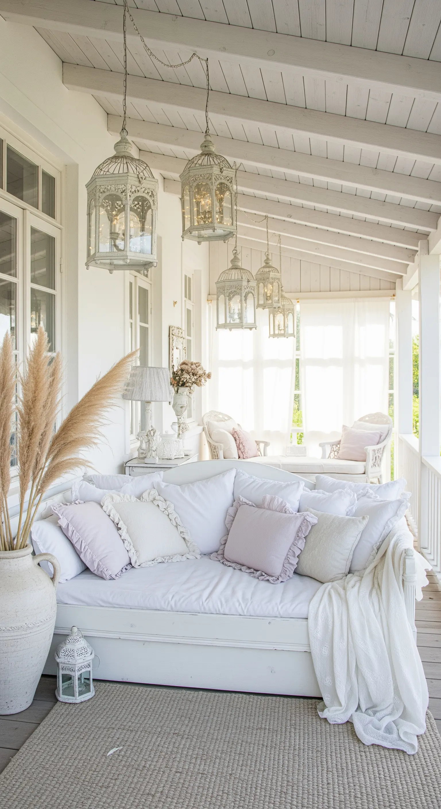 Veranda total white con divano, cuscini rosa pallido, pampas e lanterne sospese.