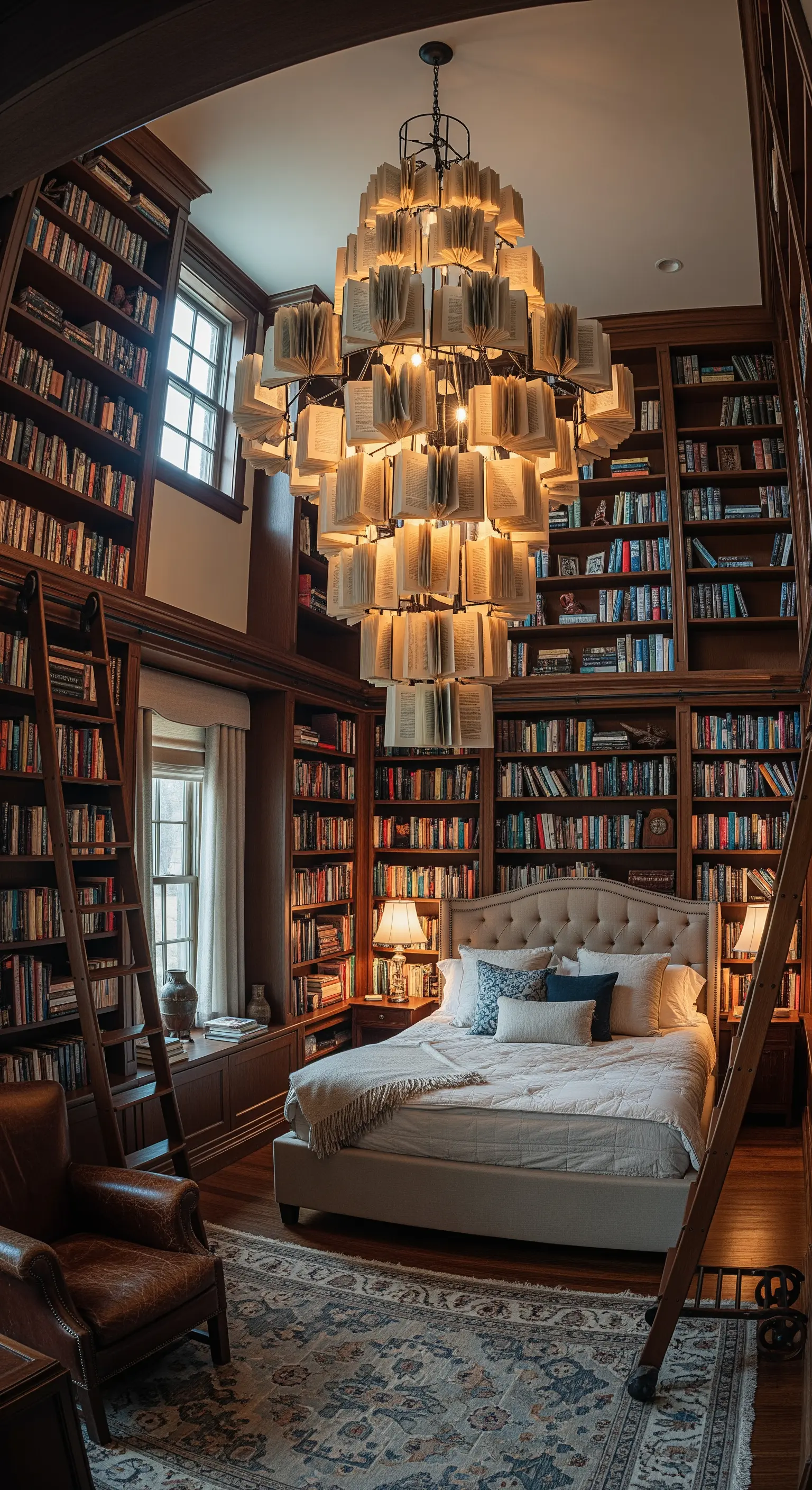Grande lampadario scenografico fatto di libri aperti in una camera-biblioteca.