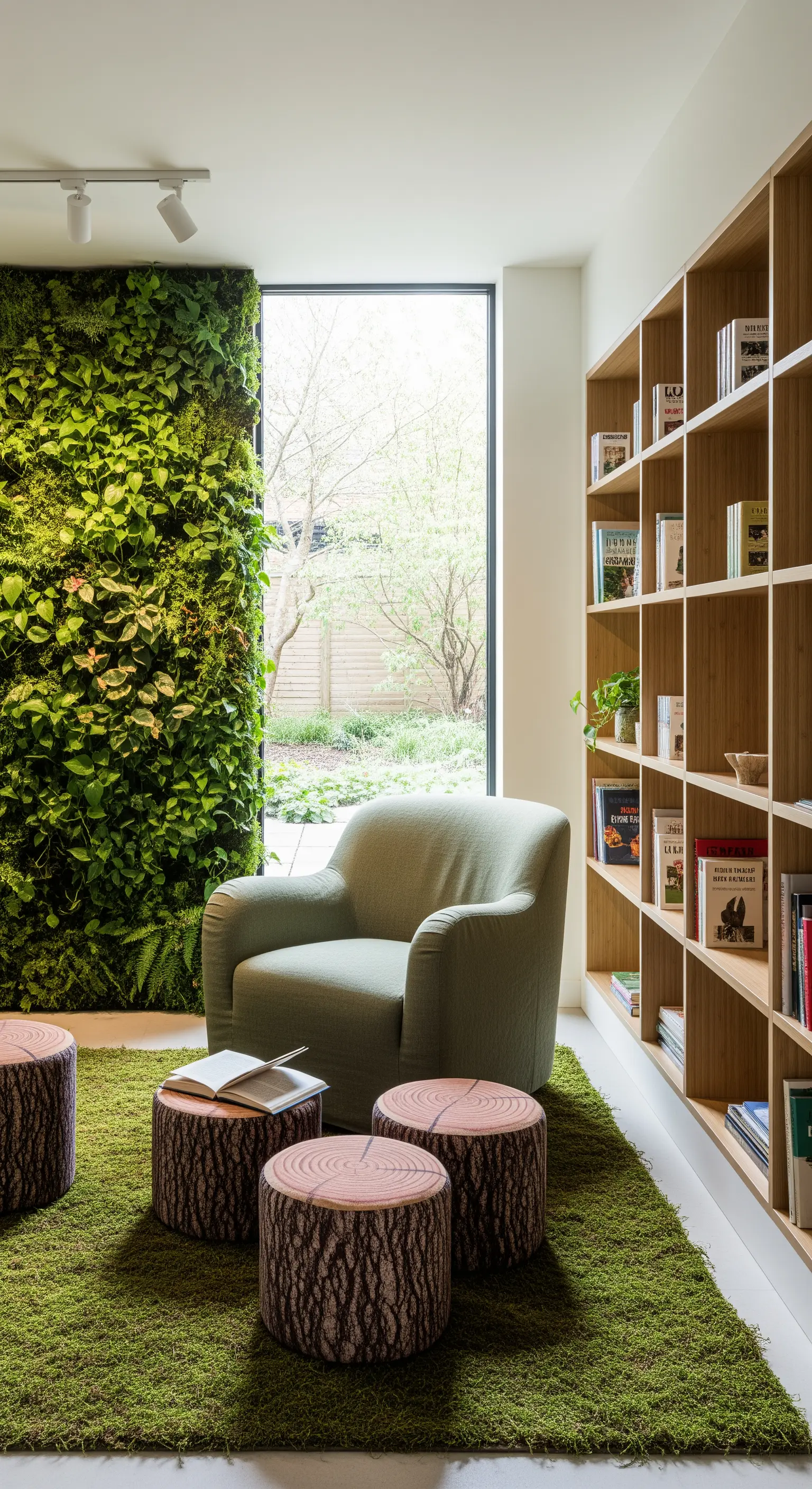 Angolo lettura con parete verde verticale, poltrona verde e pouf a forma di tronco.
