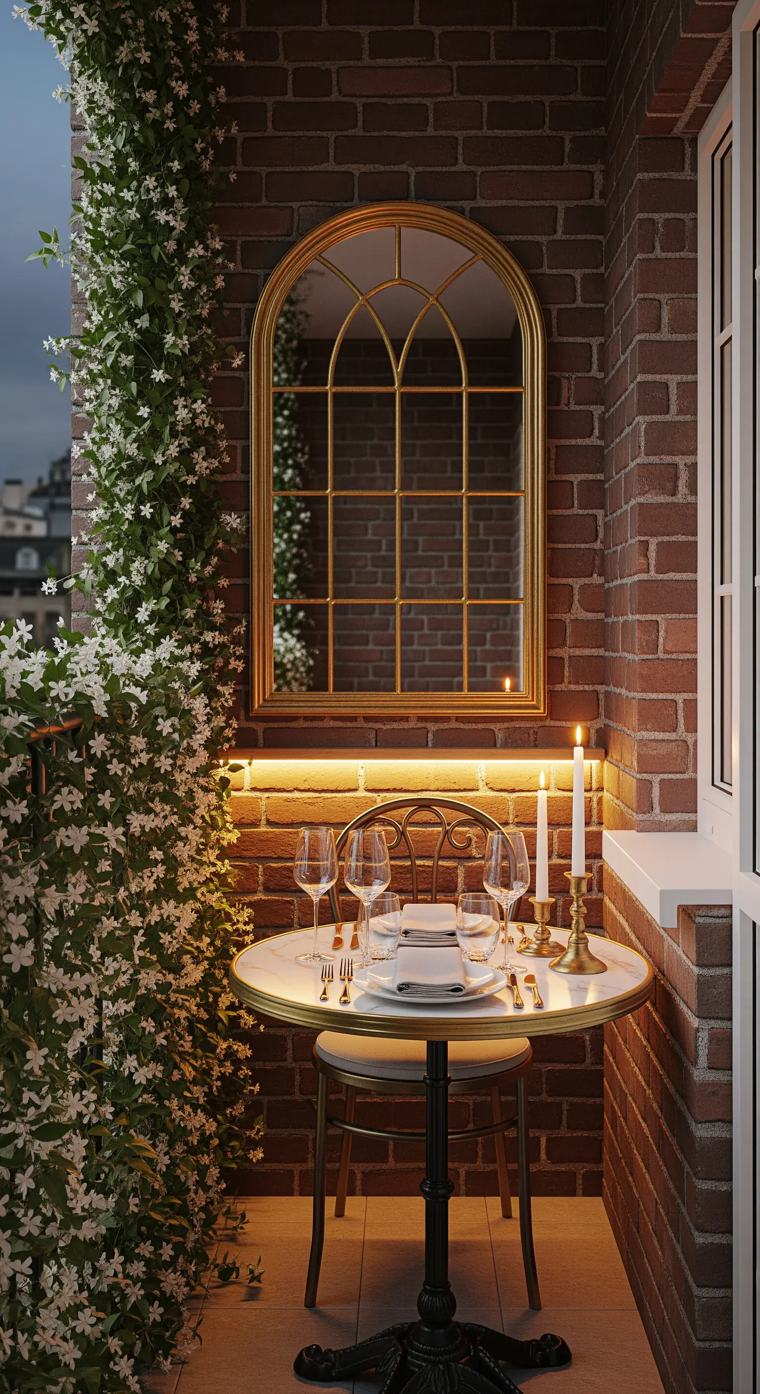 Balcone intimo con specchio ad arco dorato, tavolino bistrot e gelsomino rampicante