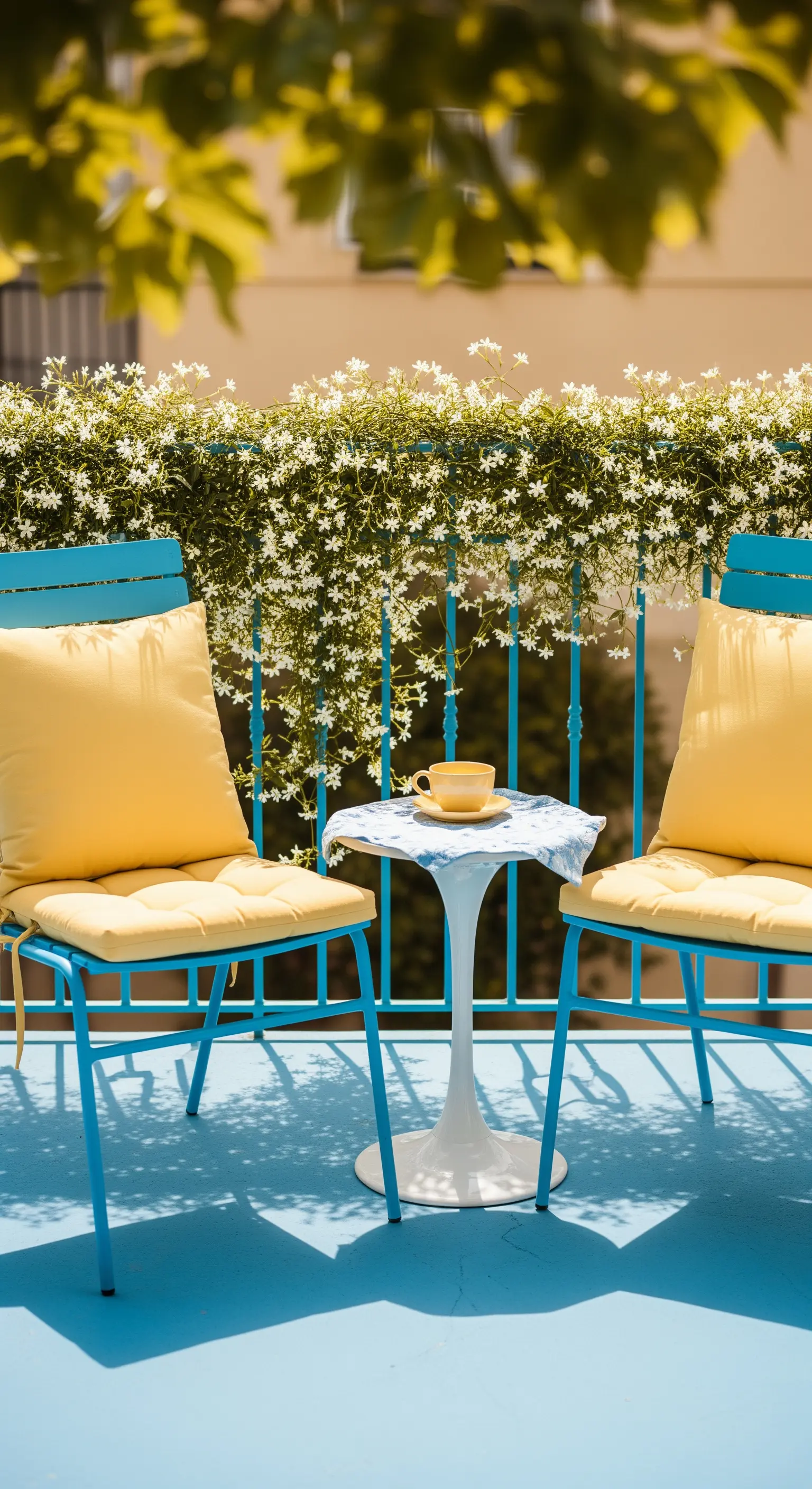 Due sedie blu brillante con cuscini gialli su un balcone con pavimento blu.