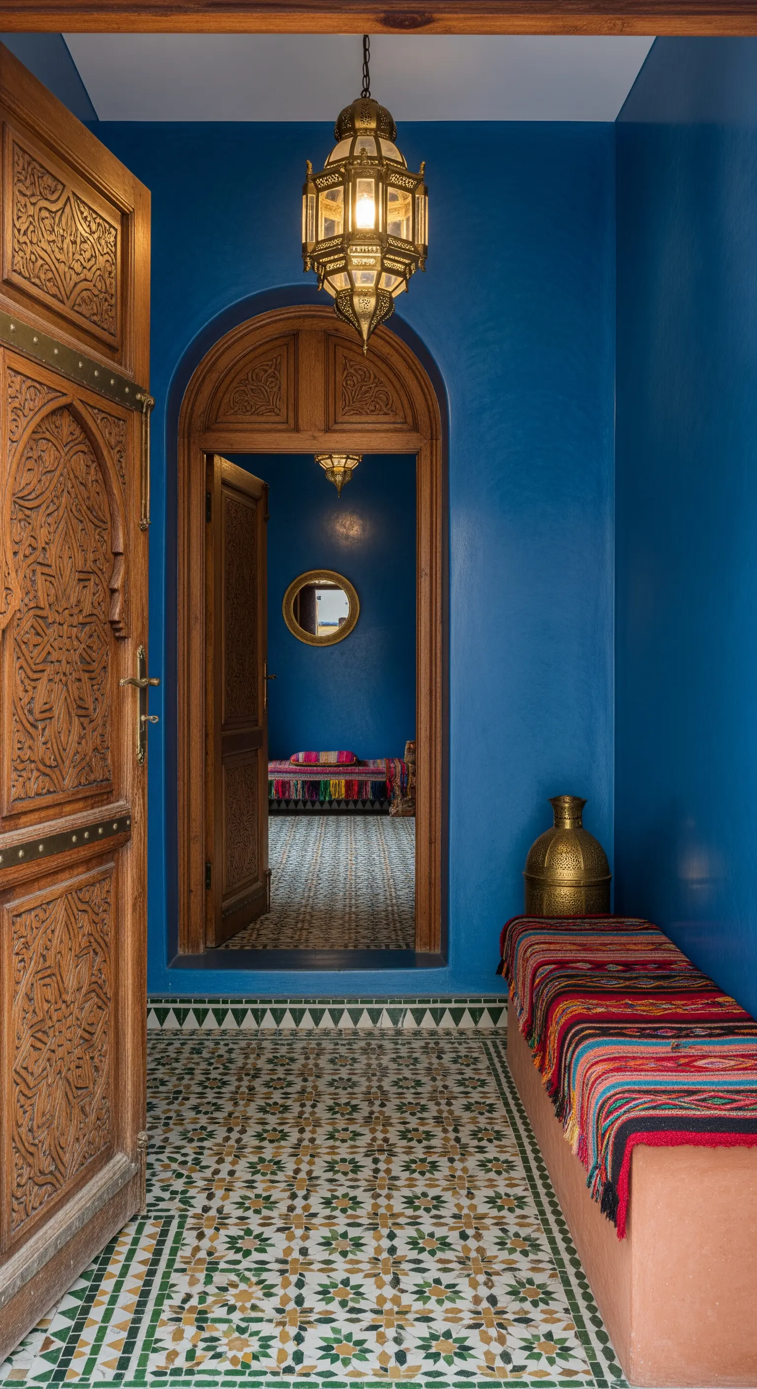 Ingresso marocchino con pareti blu intenso, porta in legno intagliato e pavimento in zellige.