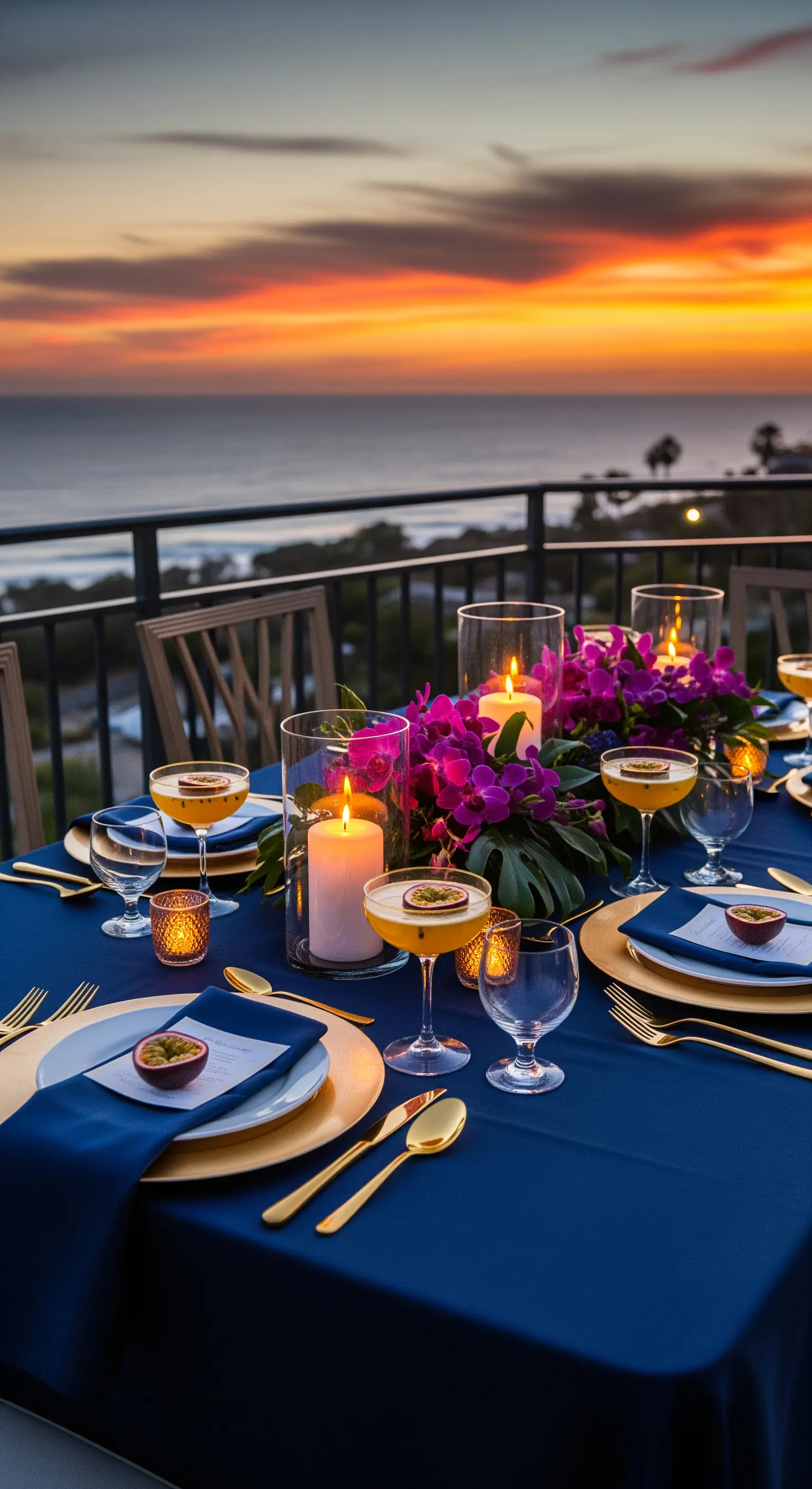Tavola elegante con tovaglia blu, dettagli dorati, orchidee viola e candele al tramonto.