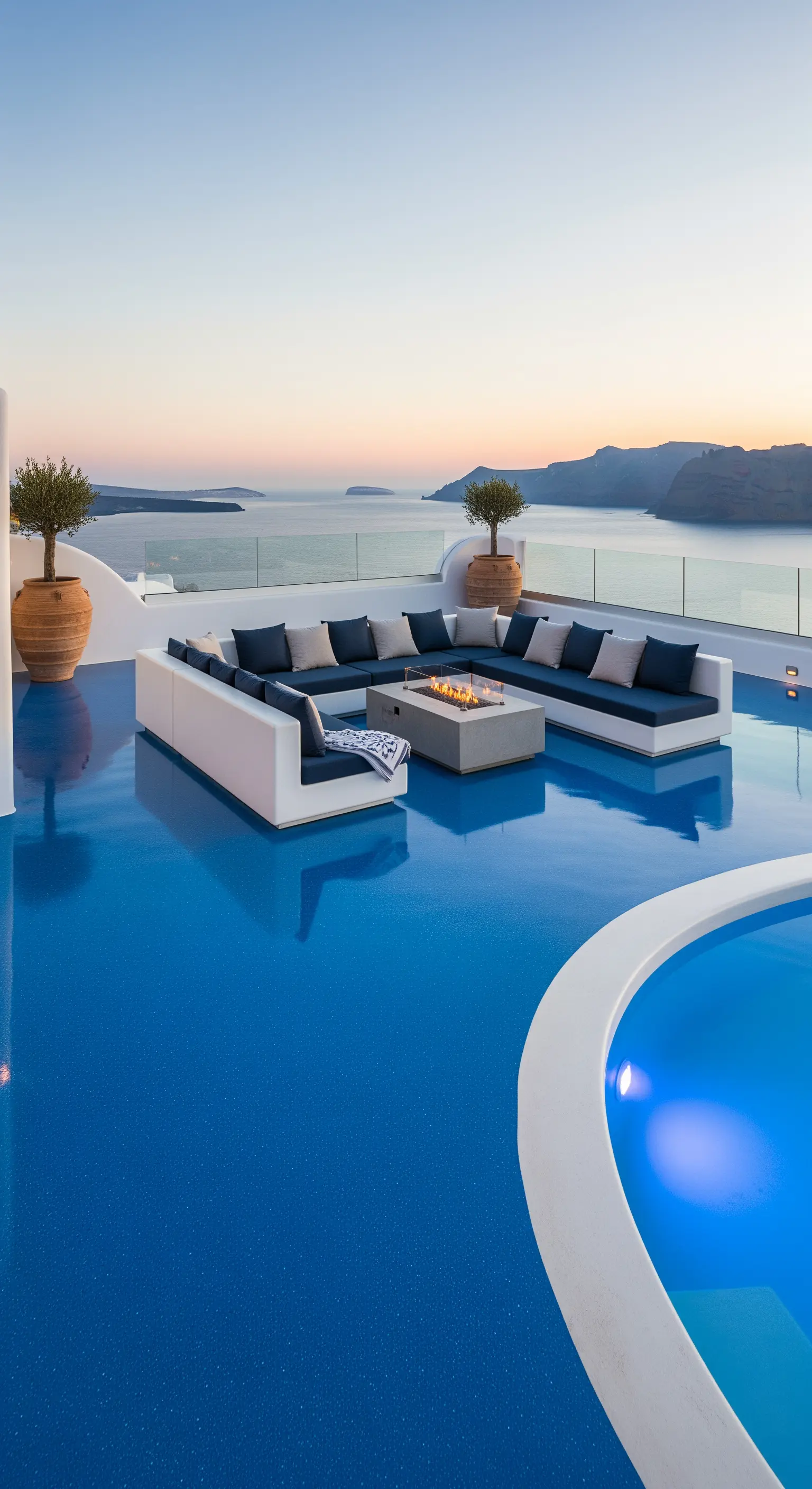 Patio a Santorini con divano bianco, braciere e pavimento in resina blu intenso vista mare.