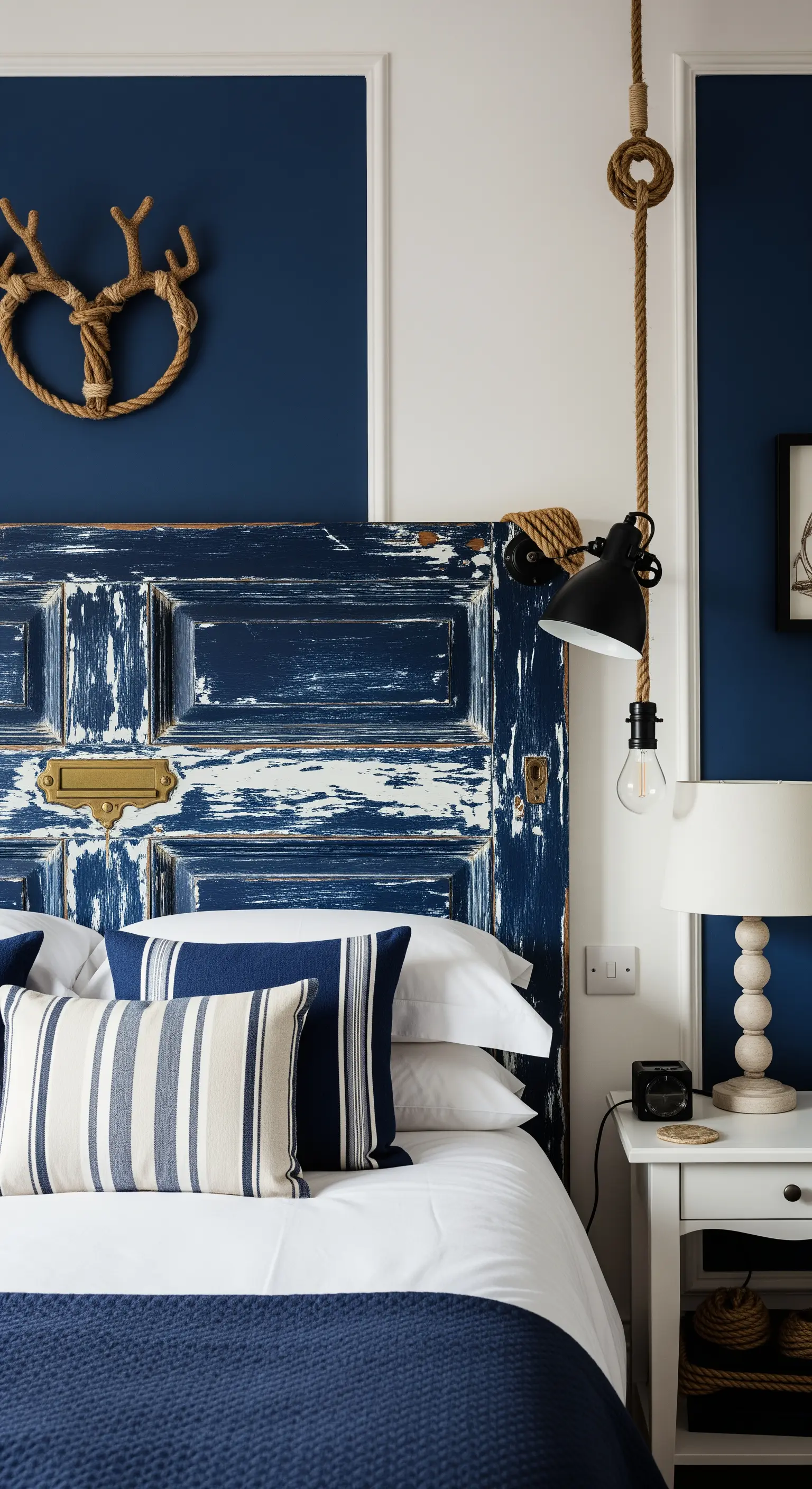 Porta blu scuro scrostata usata come testiera in una camera da letto a tema nautico.