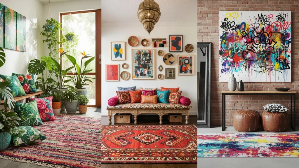 Ingressi boho con tappeti etnici, cuscini colorati e vibrante arte da parete astratta, per uno stile accogliente e vivace.