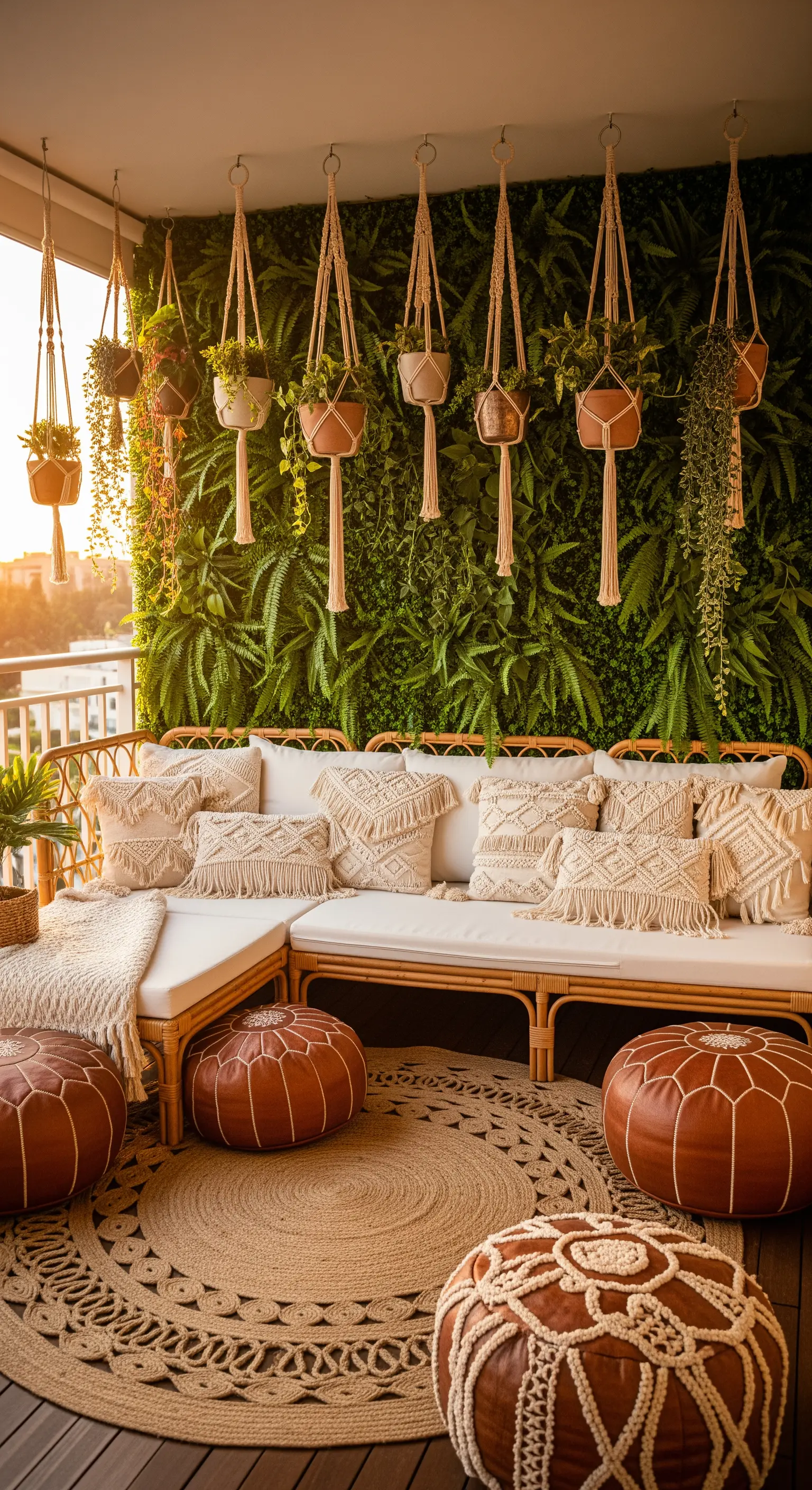 Balcone in stile bohémien con divano in rattan, cuscini in macramè e piante appese al soffitto.