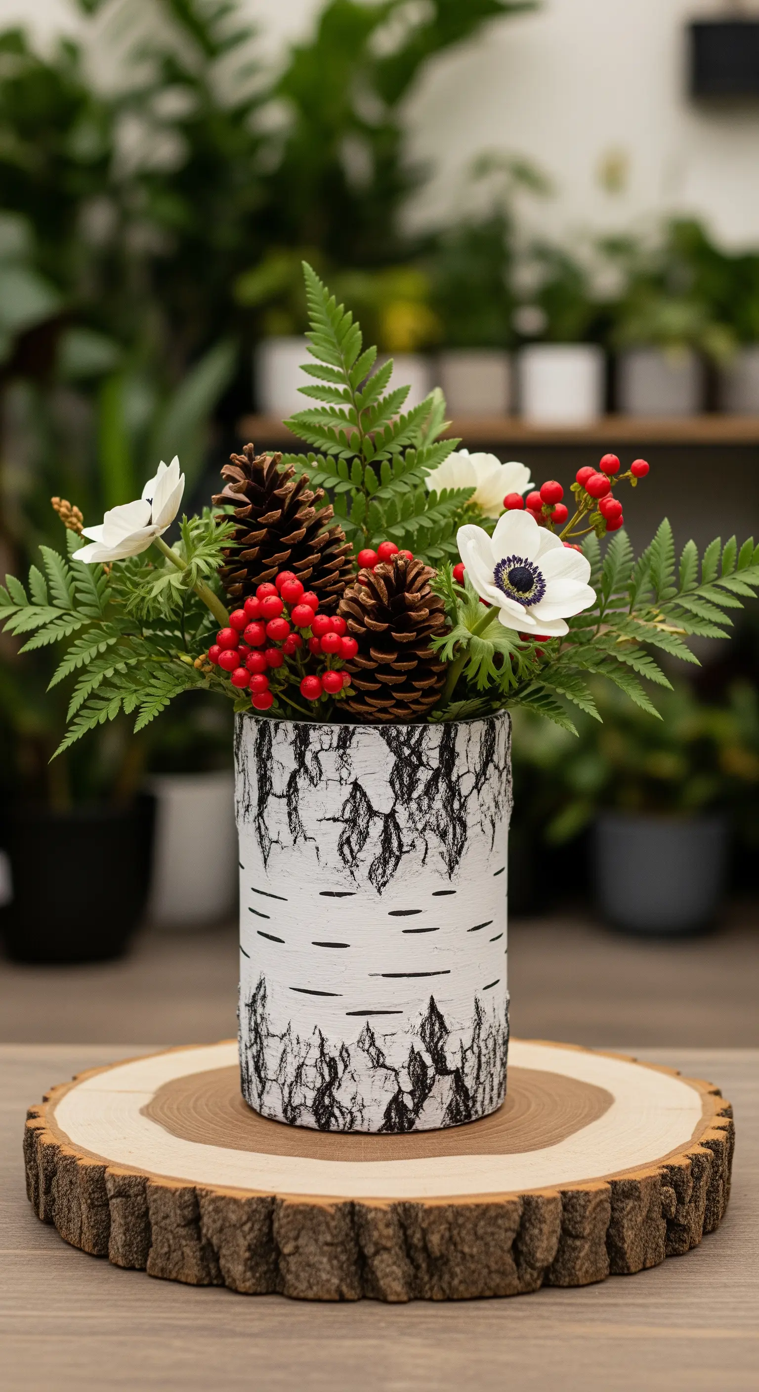 Vaso rivestito in corteccia di betulla con pigne, bacche rosse e fiori bianchi.