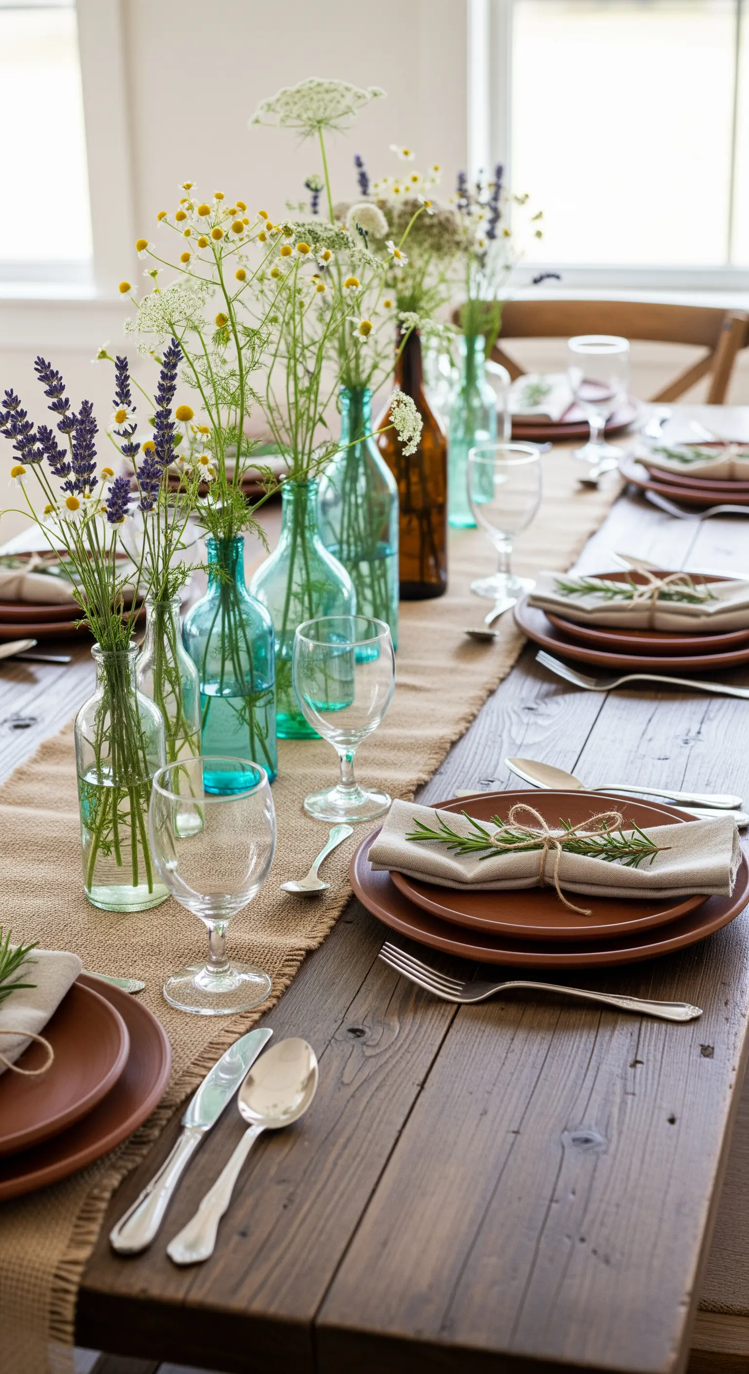Tavola country con runner di iuta, piatti in terracotta e fiori di campo in bottiglie di vetro