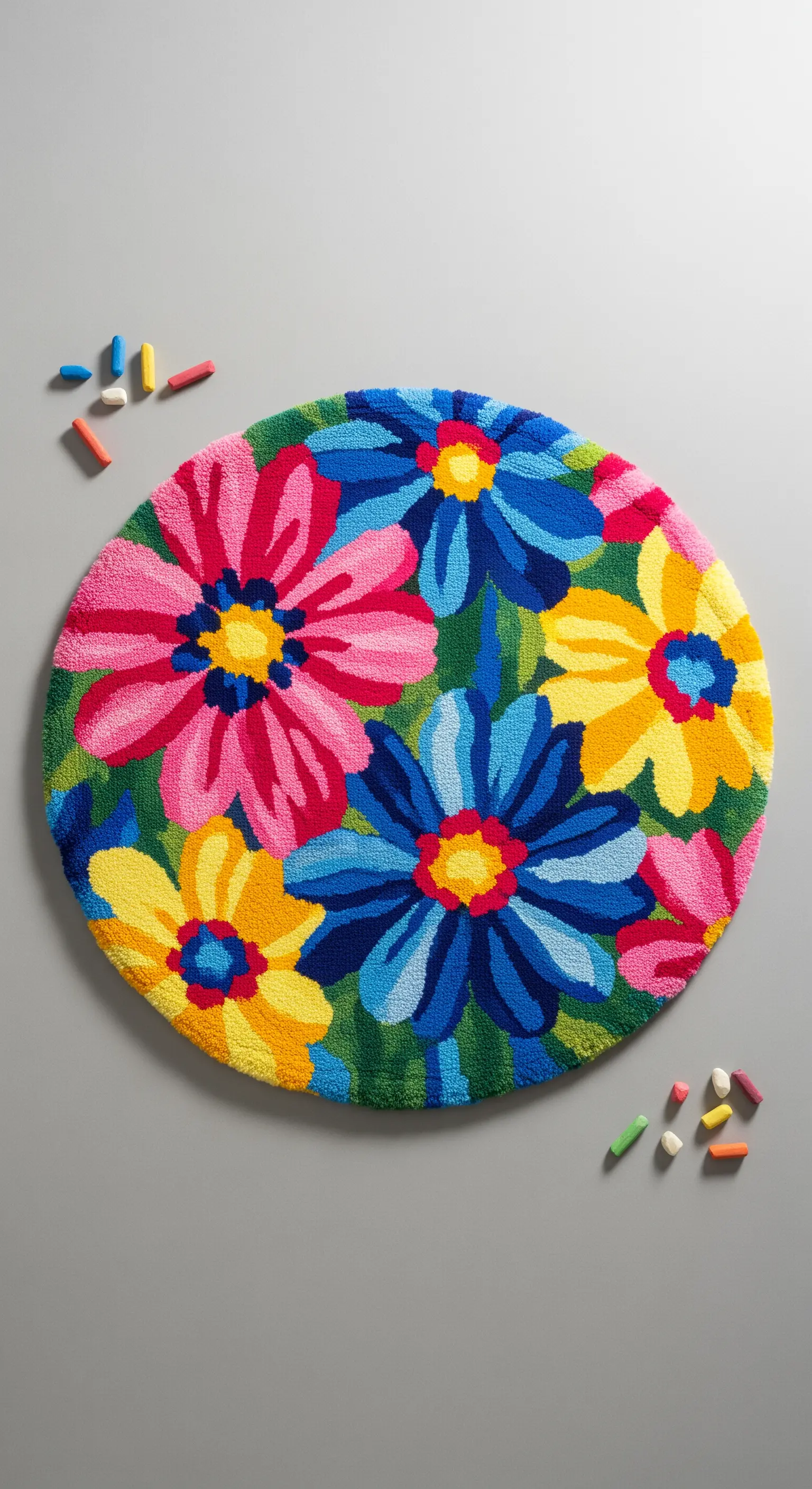 Tappeto rotondo e coloratissimo con un motivo di grandi fiori vivaci.