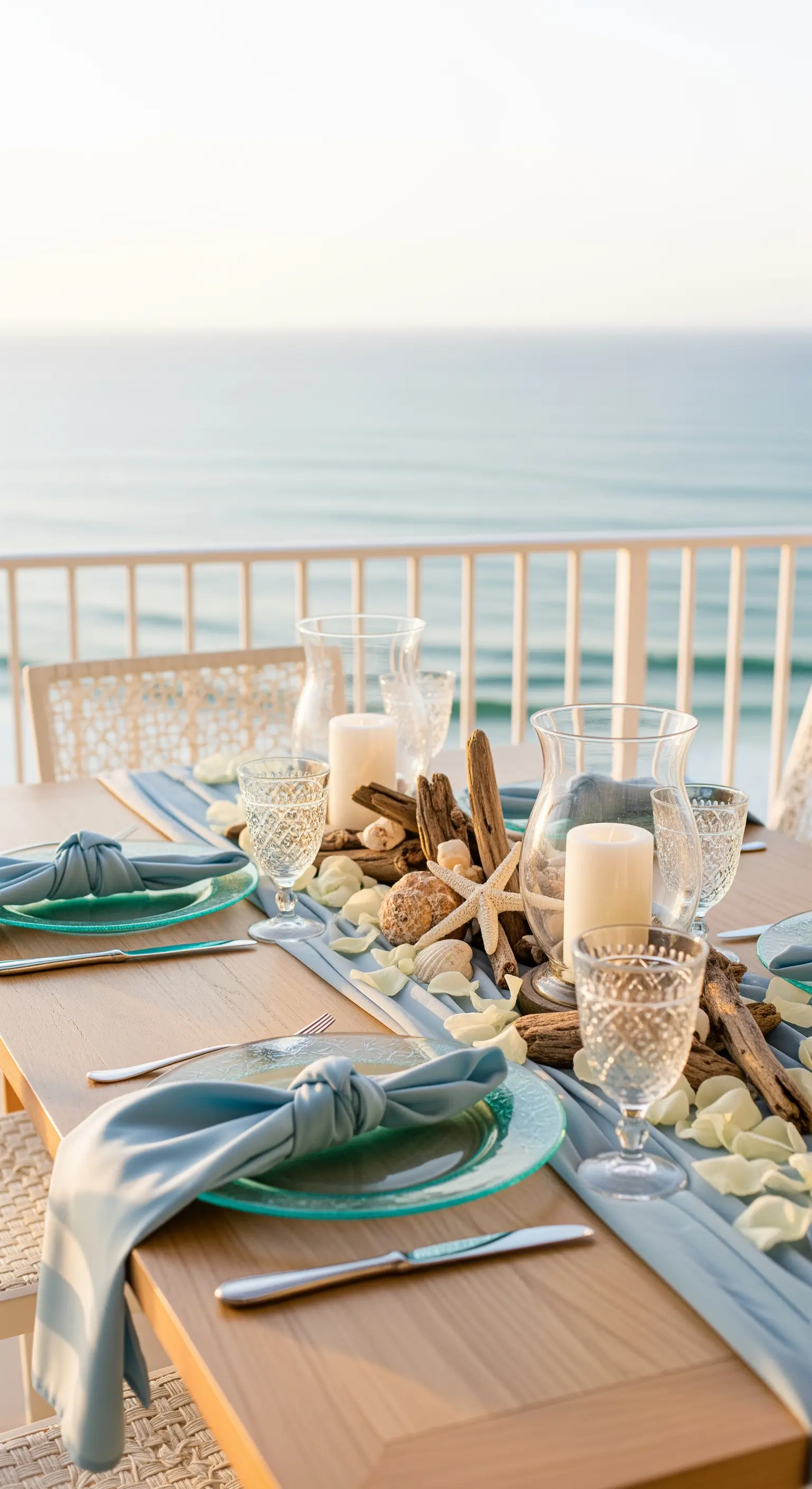 Tavola con vista mare, decorazioni con legni e conchiglie, piatti e tovaglioli azzurri